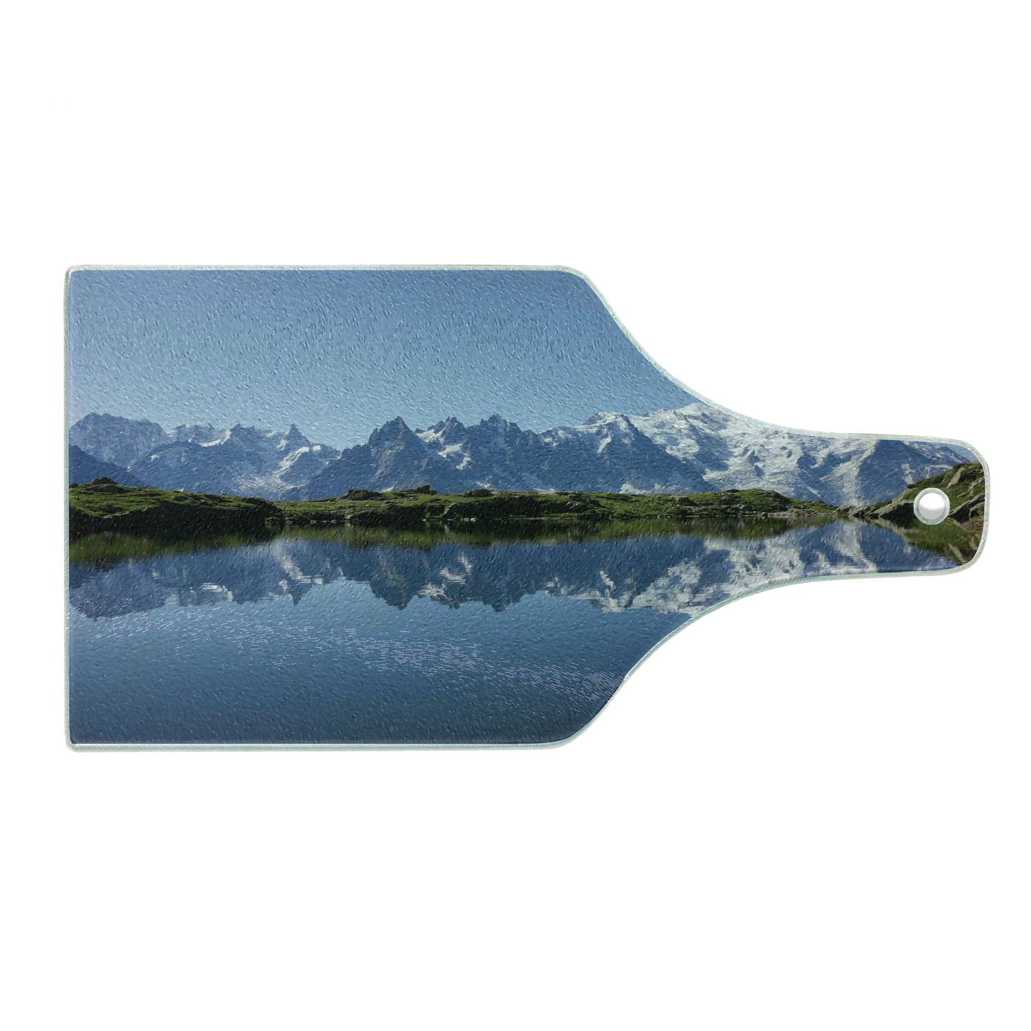 Ambesonne Lake Themed Tempered Glass Cutting Board - Mont Blanc Mountain Range Reflected in Cheserys Lake, Alps France Panorama - Decorative Serving Board with Wine Bottle Shape in Pale Blue, White & Green - Perfect for Cheese Platters, Charcuterie & Wine Pairing