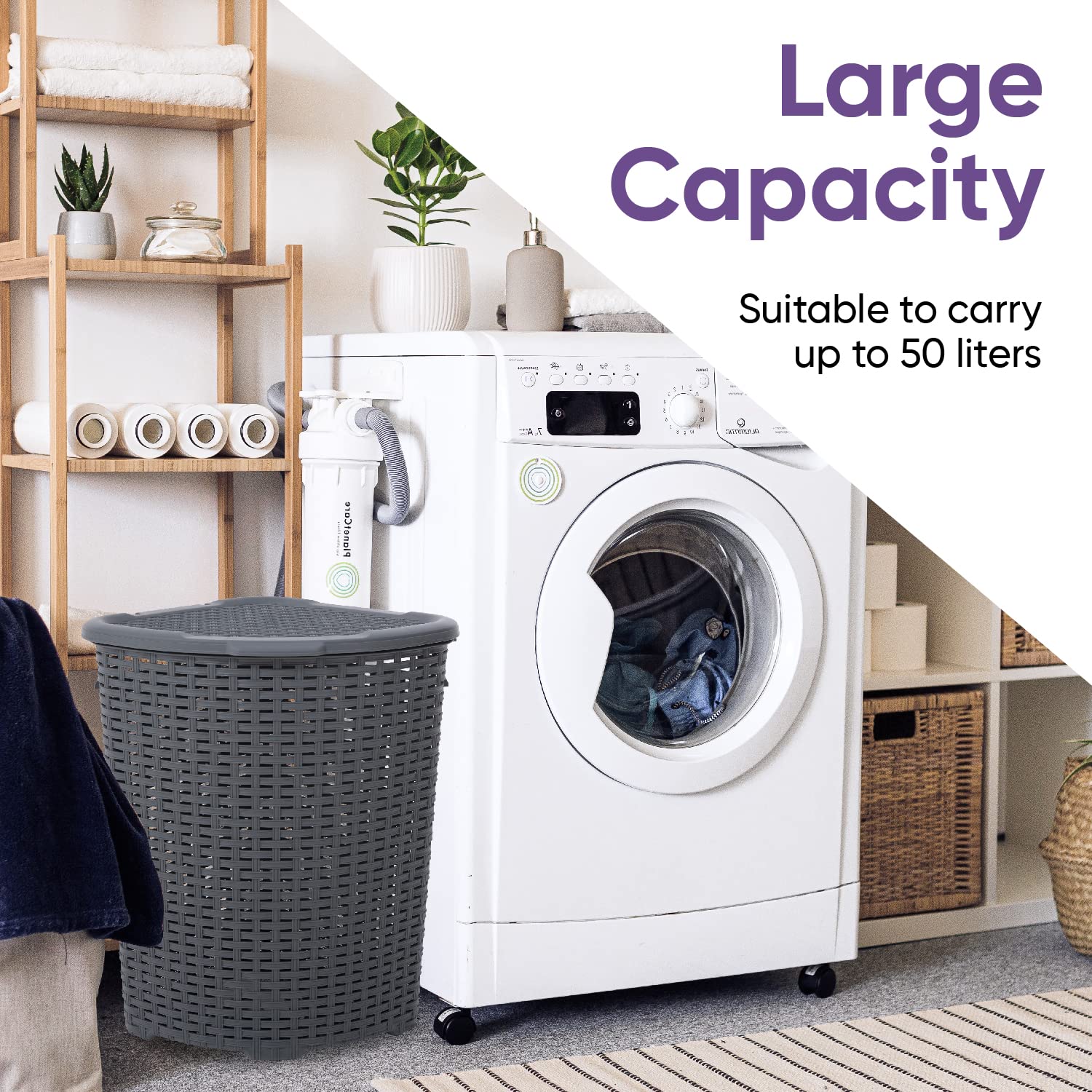 Premium 50L Grey Wicker Laundry Hamper with Lid - Durable & Lightweight Corner Basket with Handles - Curved Design for Bathroom, Closet or Door Storage - Perfect for Organizing Dirty Clothes in Small Spaces