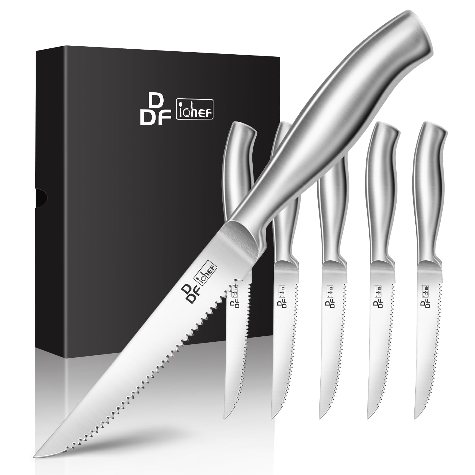 Premium DDF iohEF Steak Knife Set - 6-Piece High Carbon Japanese Stainless Steel Serrated Knives for Steak, Meat & BBQ - Perfect for Dinner Parties, Restaurants & Home Kitchens