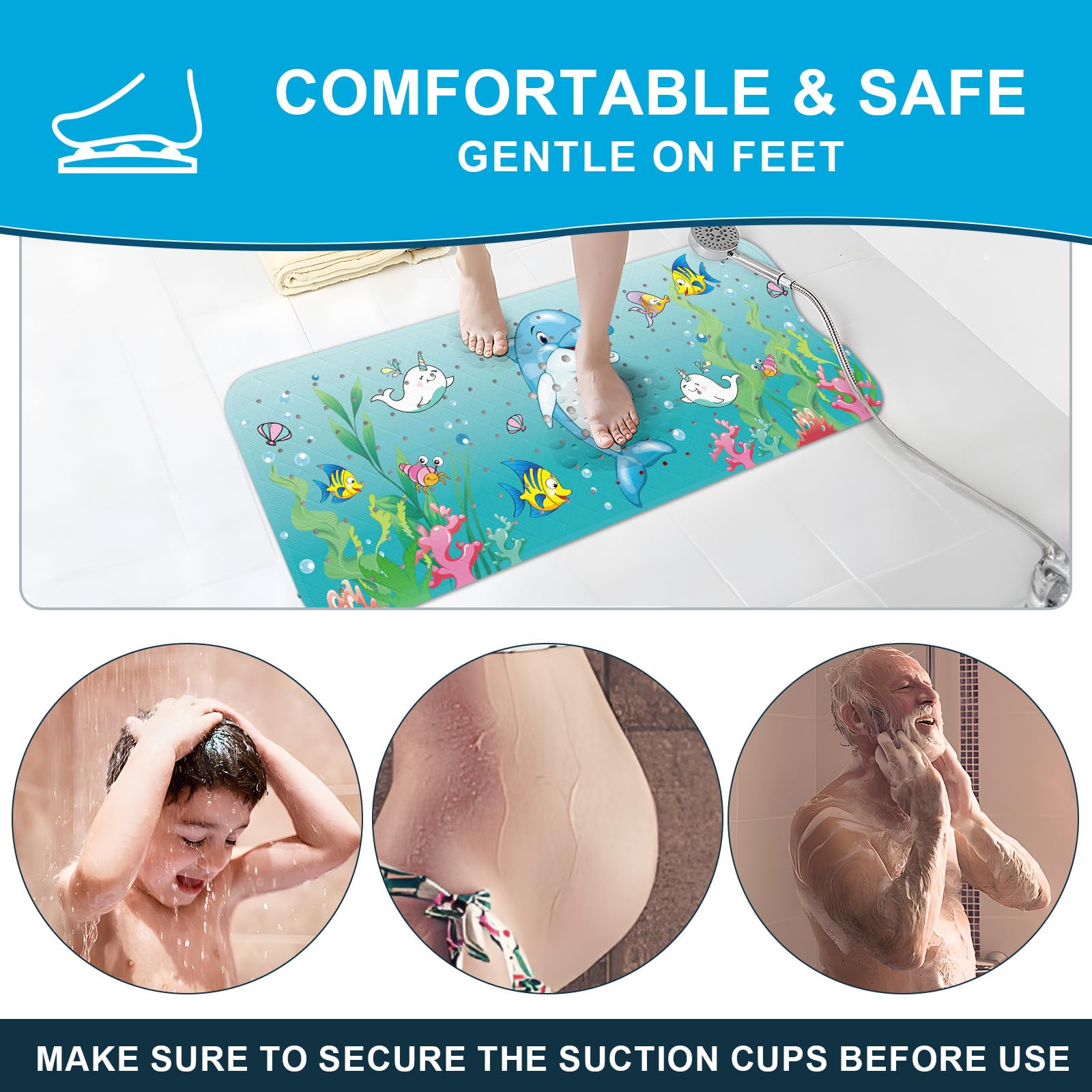 Non-Slip Baby Bath Mat for Kids - Extra Long 40x16 Inch Cartoon Bathtub Mat with Suction Cups & Drain Holes | Machine Washable Dolphin Design | Safe for Toddlers & Infants | Perfect for Bath Time, Shower Safety & Play Areas