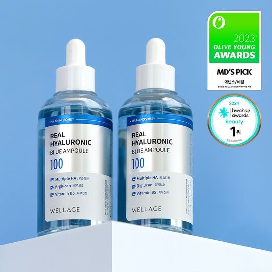 Wellage Real Hyaluronic Acid Blue Ampoule 75ml x 2 Set - Deep Hydrating Facial Serum for Dry Skin, Anti-Aging Skincare Routine, Korean Beauty Essential for Day & Night Use