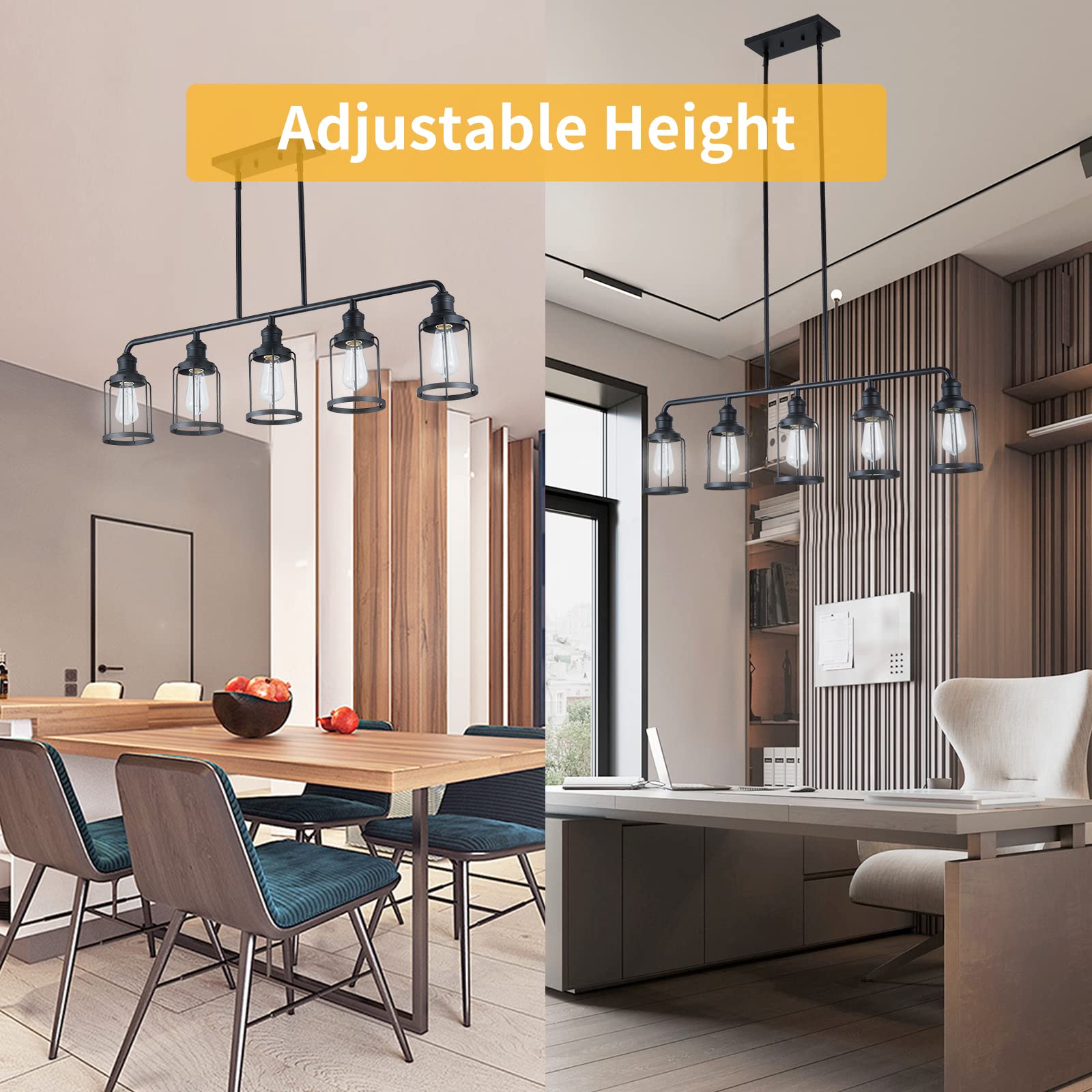 5-Light Black Metal Linear Pendant Light Fixture for Kitchen Island, Dining Room & Living Room - Modern Cage Style Lighting for Home Decor & Interior Design