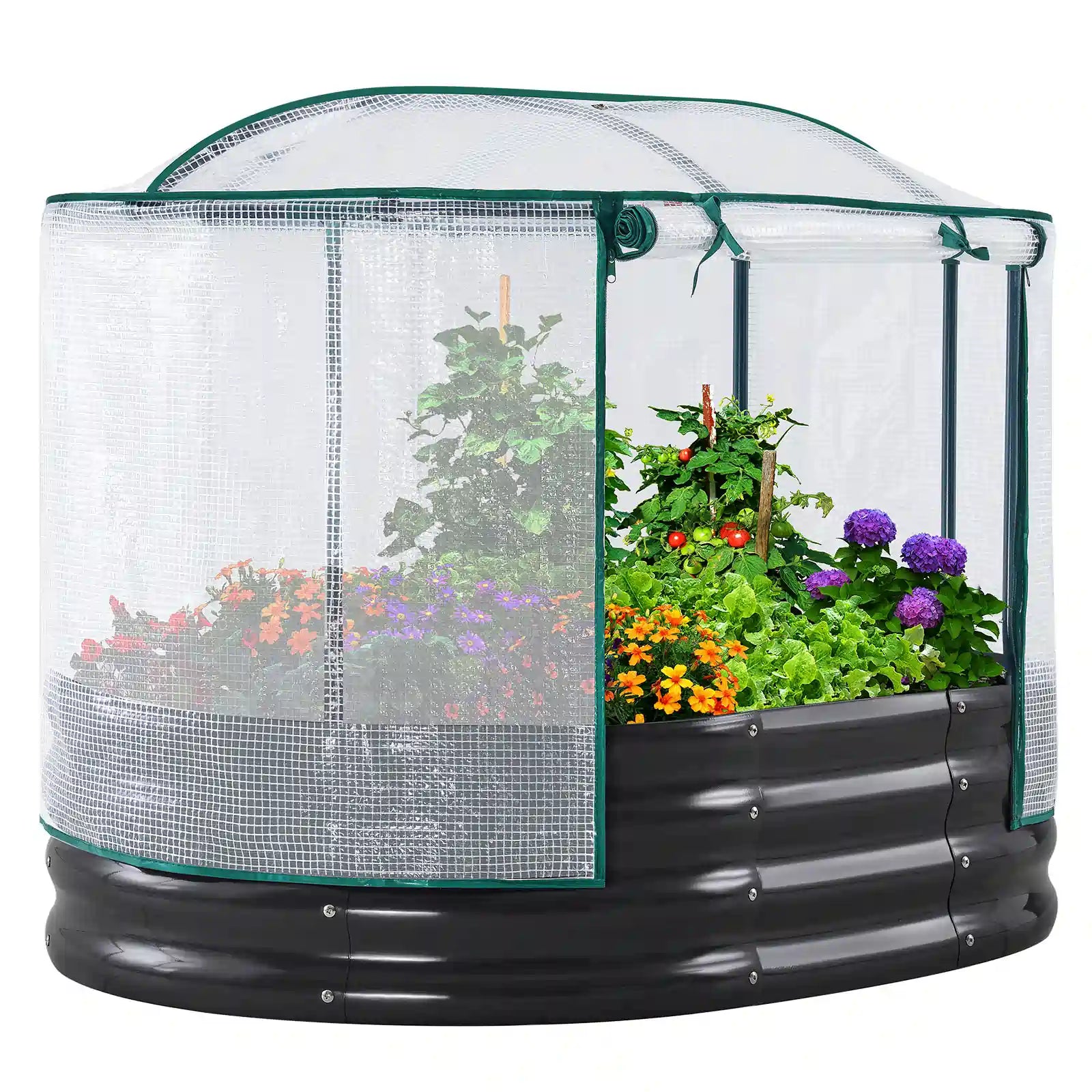 4' x 3' x 1' Galvanized Steel Oval Raised Garden Bed with Cover - Perfect for Vegetables, Flowers & Herbs in Backyard, Patio or Balcony Gardening