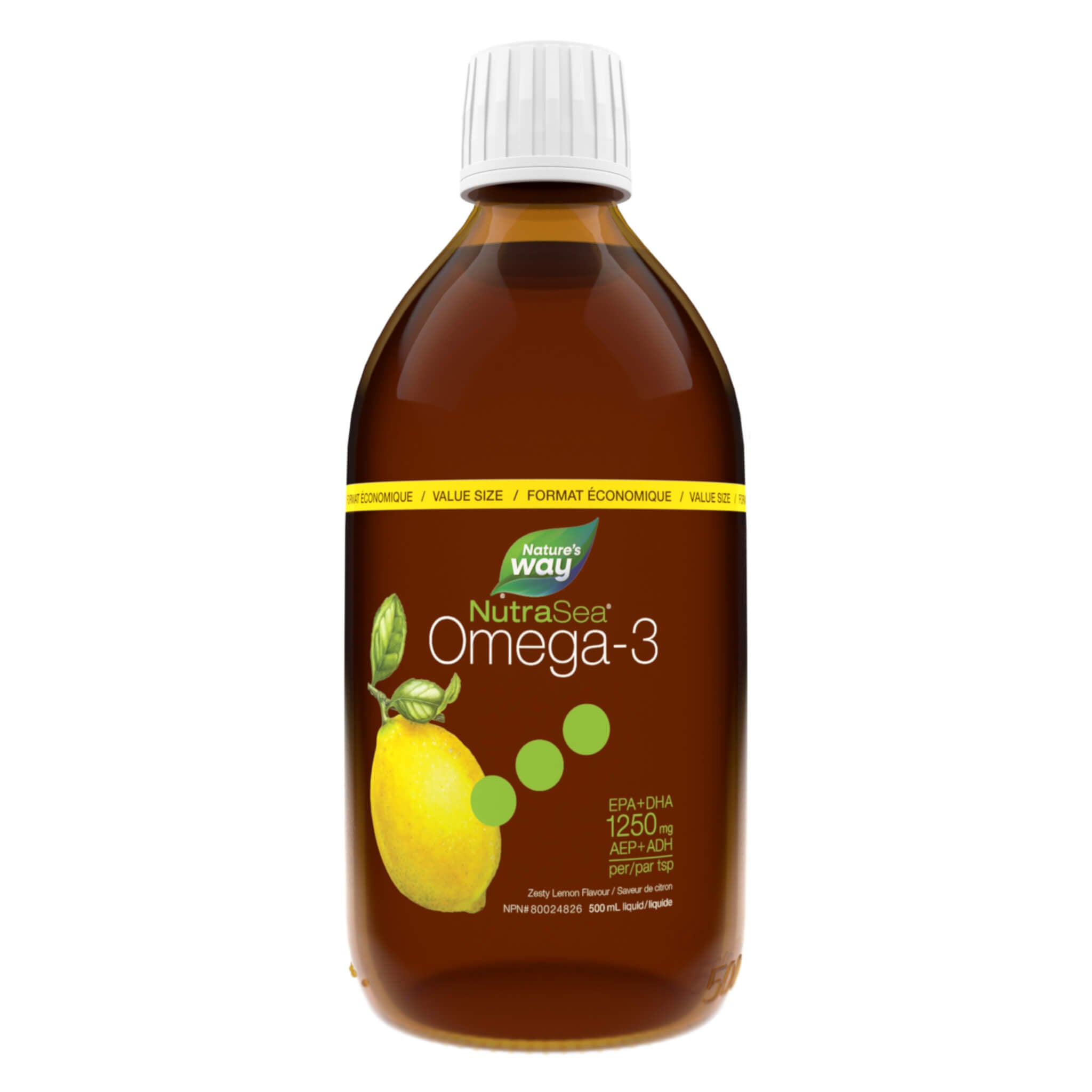 NutraSea Omega-3 Liquid Supplement - Zesty Lemon Flavor, 500 mL - Supports Heart, Brain & Joint Health for Adults & Kids