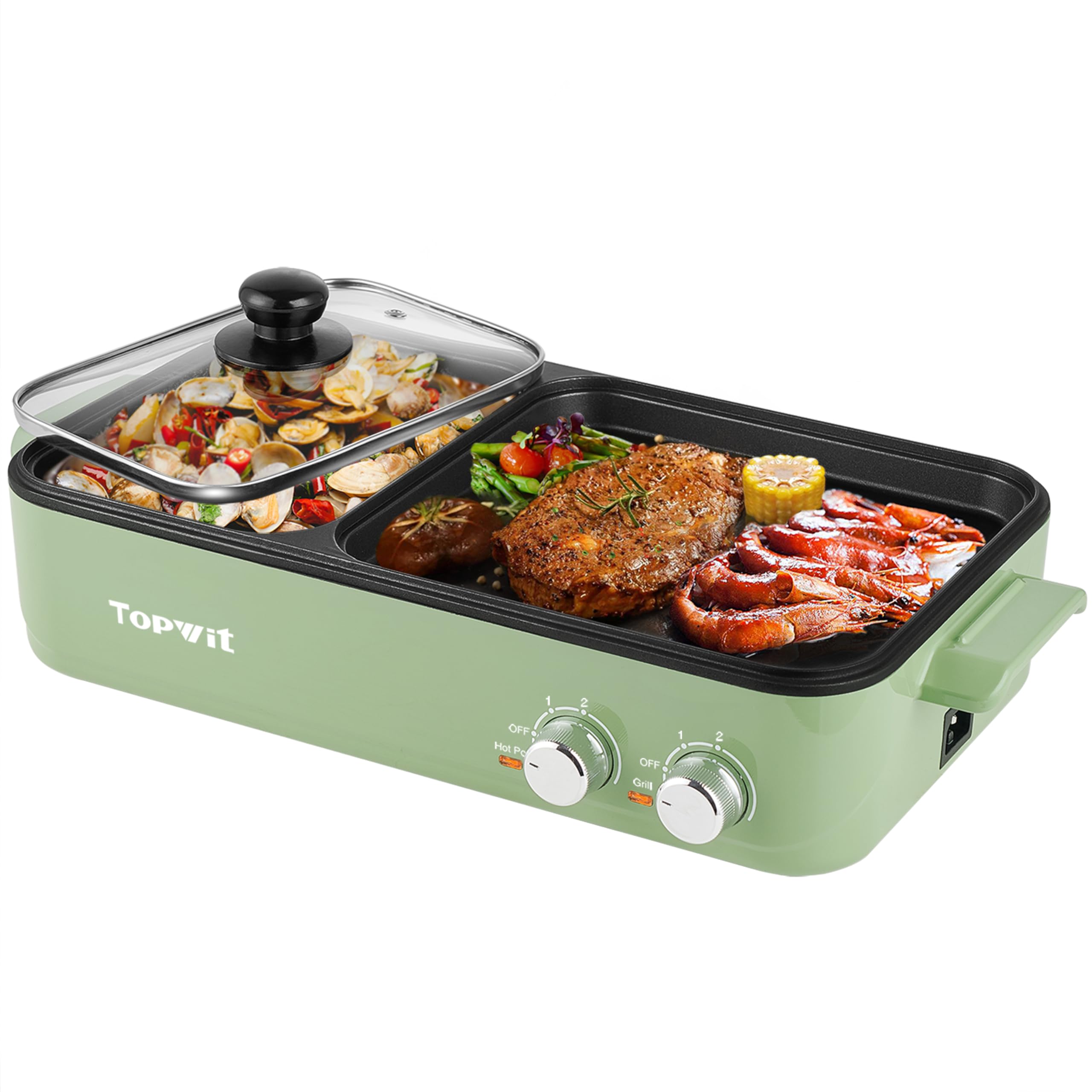 Topwit 2-in-1 Electric Hot Pot & Grill - Non-Stick Indoor Korean BBQ Grill and Shabu Shabu Pot with Dual Temperature Control - Perfect for Steaks, Noodles, and Family Gatherings - Fast Heating & Energy Efficient (Green)