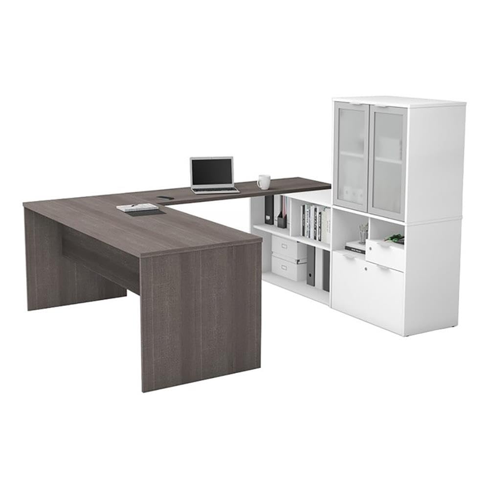 Modern U-Shaped Wooden Computer Desk with Hutch in Gray & White - Home Office, Gaming & Study Workstation - Space-Saving Design for Small Rooms