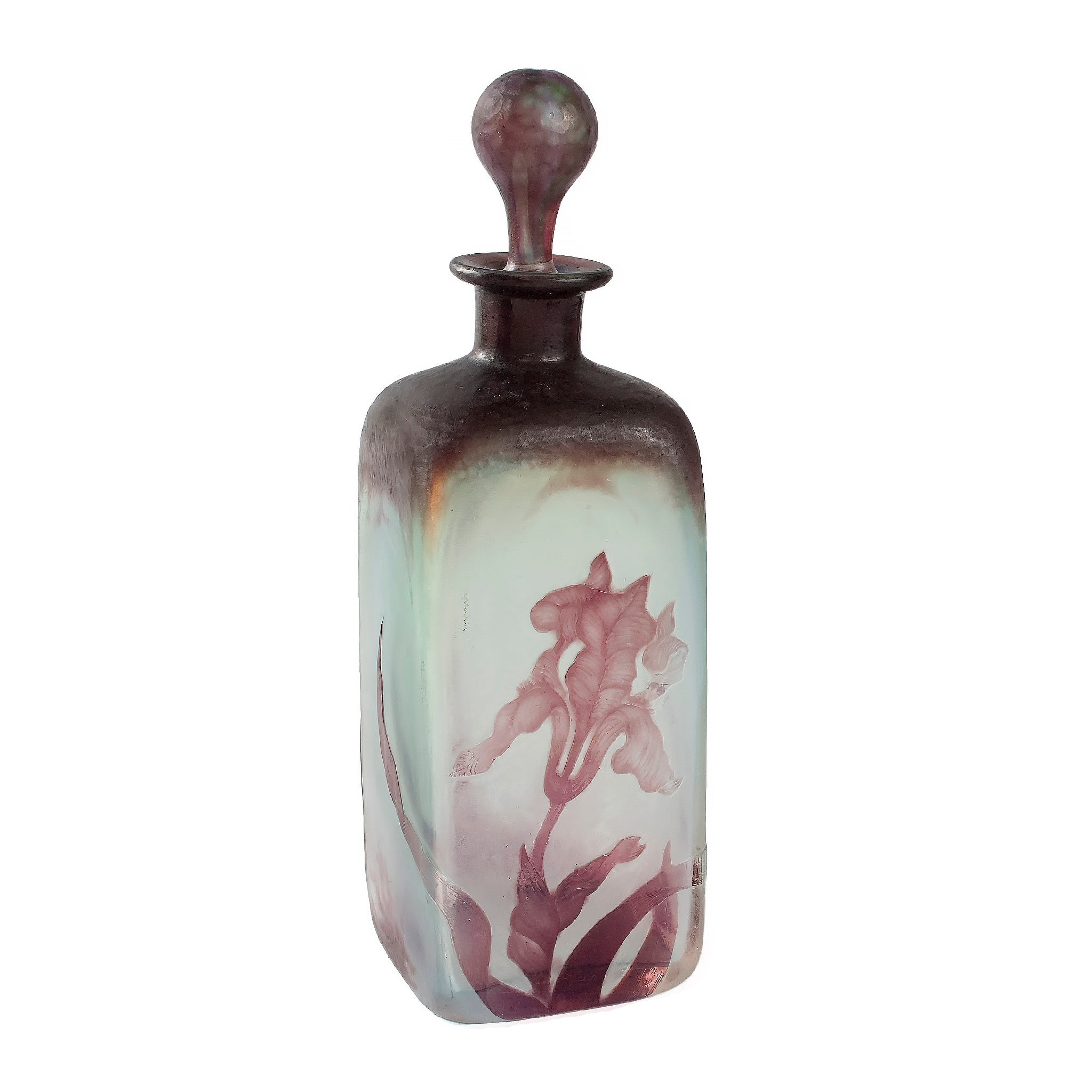 Vintage Daum Nancy Wheel-Carved Iris Blossom Cameo Glass Perfume Bottle - Elegant French Art Nouveau Collectible for Home Decor & Gift