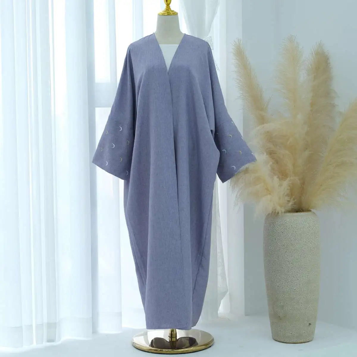 Moon Embroidery Cardigan Open Abaya Dress - Elegant Muslim Women's Outerwear for Prayer, Wedding & Special Occasions