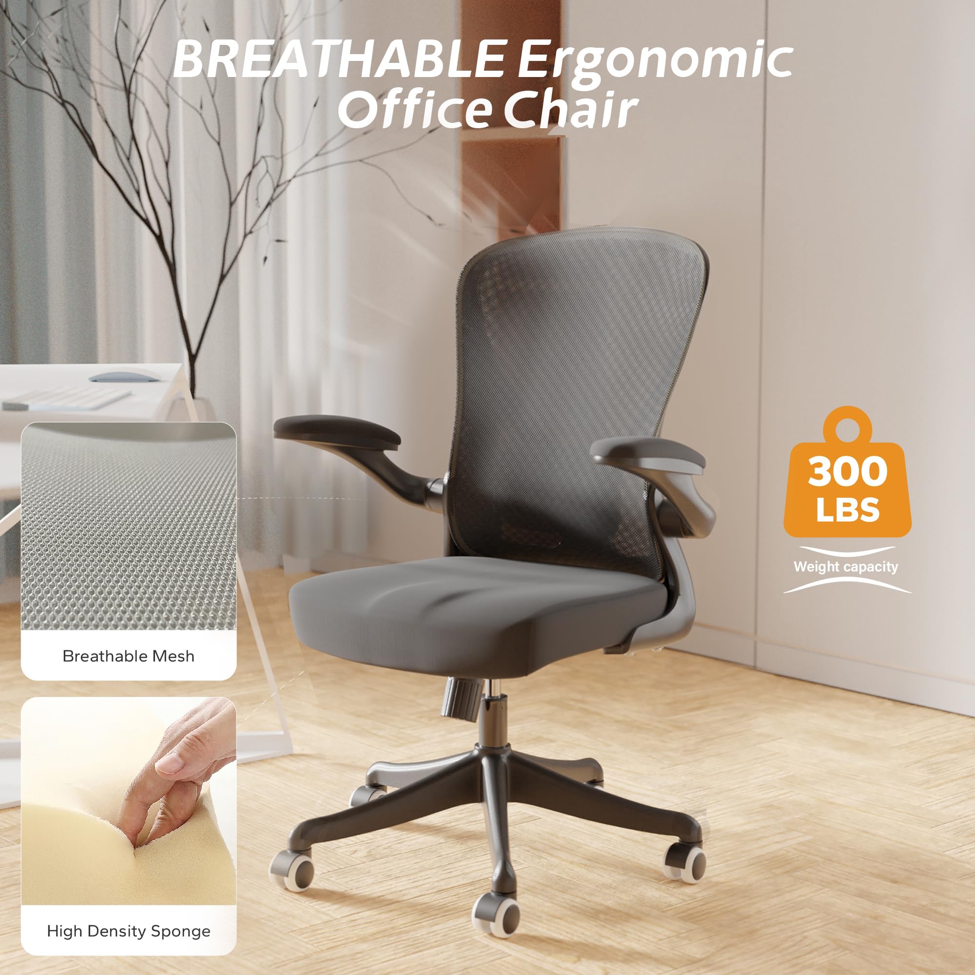 Ergonomic Office Chair with Adjustable Flip-Up Armrests & Lumbar Support - Thickened Cushion Desk Chair with Wheels, Home Office Computer Chair for Back Pain Relief (Black) - Perfect for Long Hours Sitting, Gaming & Remote Work