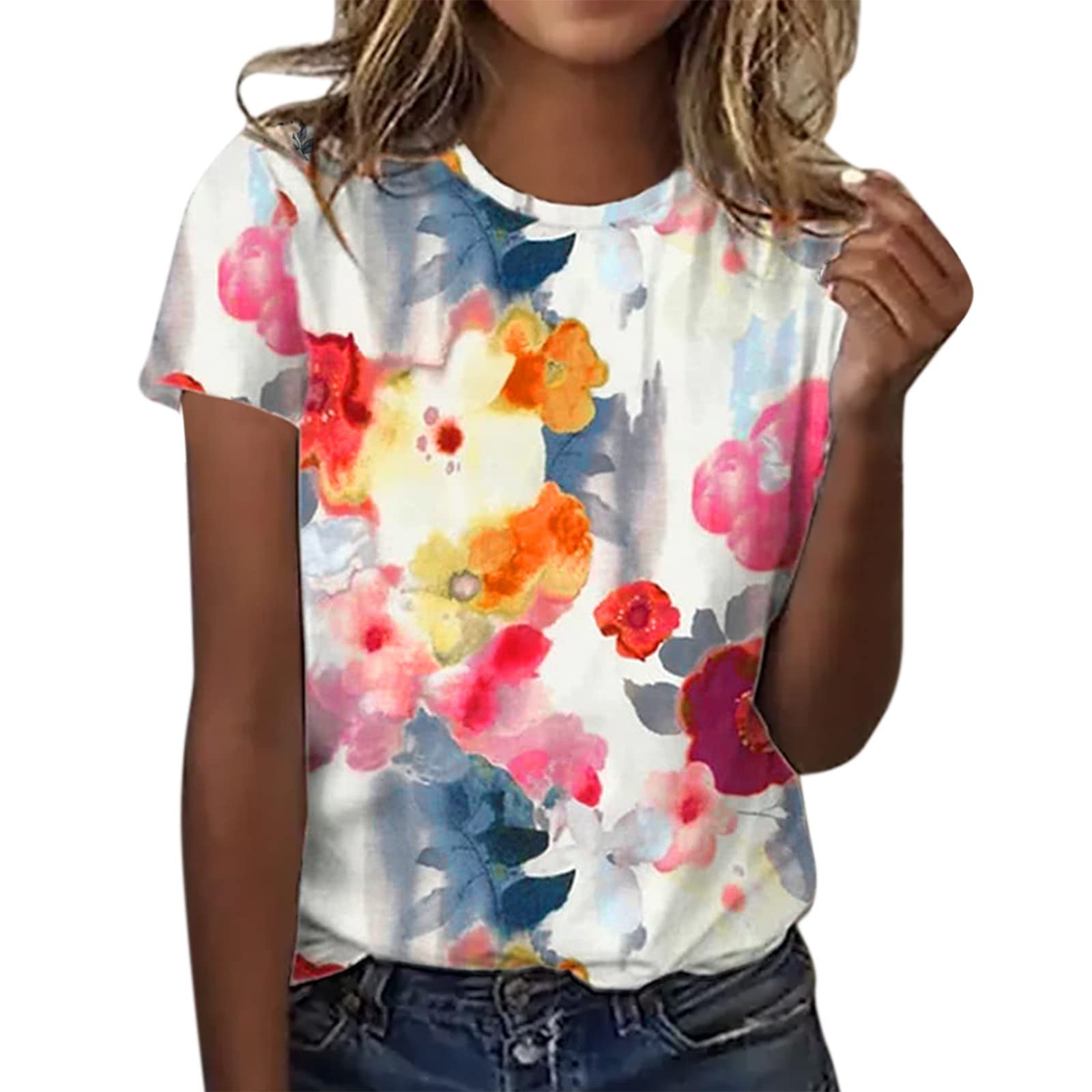 **Women's Oversized Short Sleeve Crew Neck Floral Printed T-Shirt - Casual Summer Tee for Athletic Wear & Everyday Comfort (Hot Pink, L) - Perfect for Gym, Running, Yoga & Street Style**