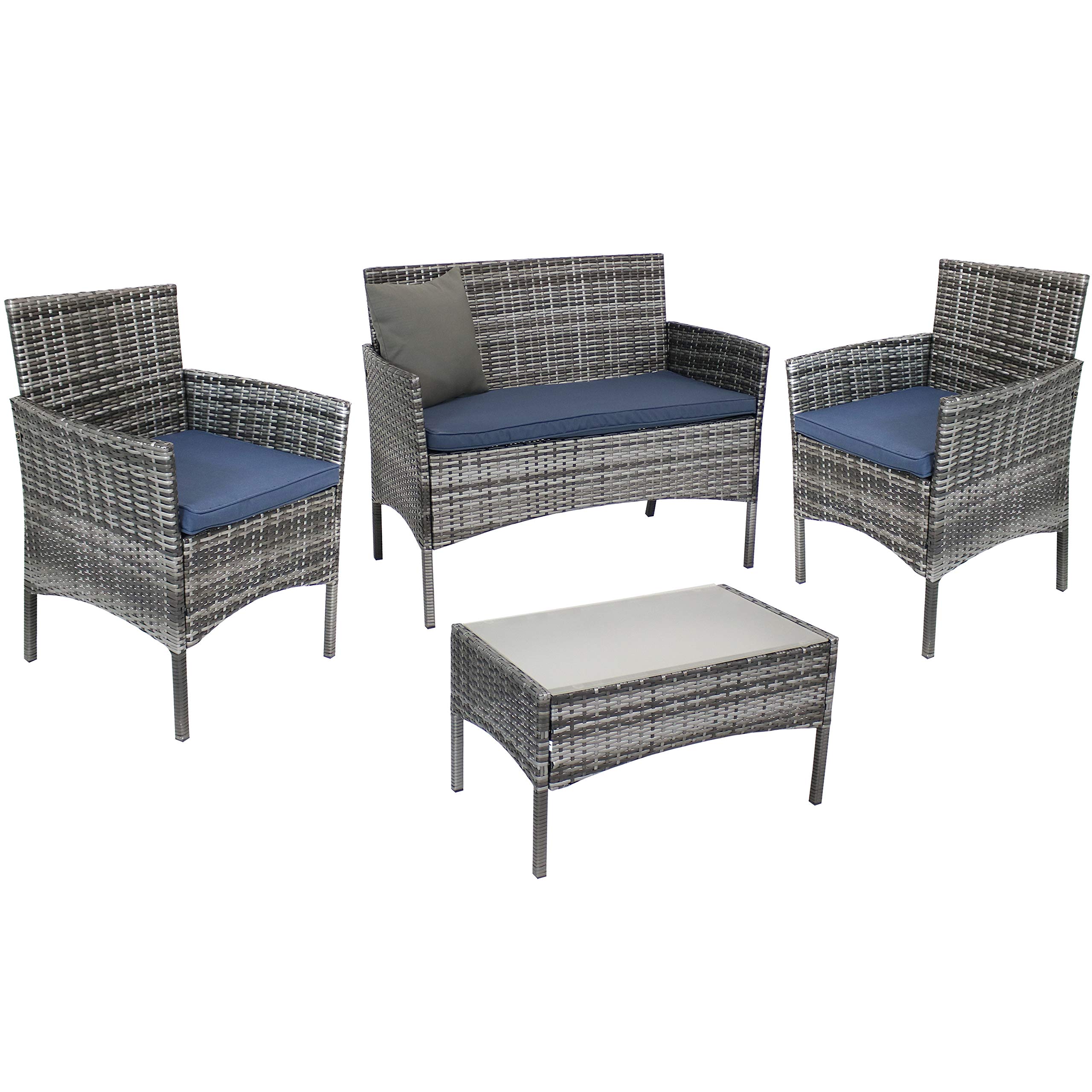 Outdoor Patio Furniture Set - 4-Piece Gray Wicker Conversation Set with 1 Loveseat, 2 Chairs & Coffee Table - Navy Blue Cushions - Perfect for Backyard, Garden, Poolside & Deck Relaxation