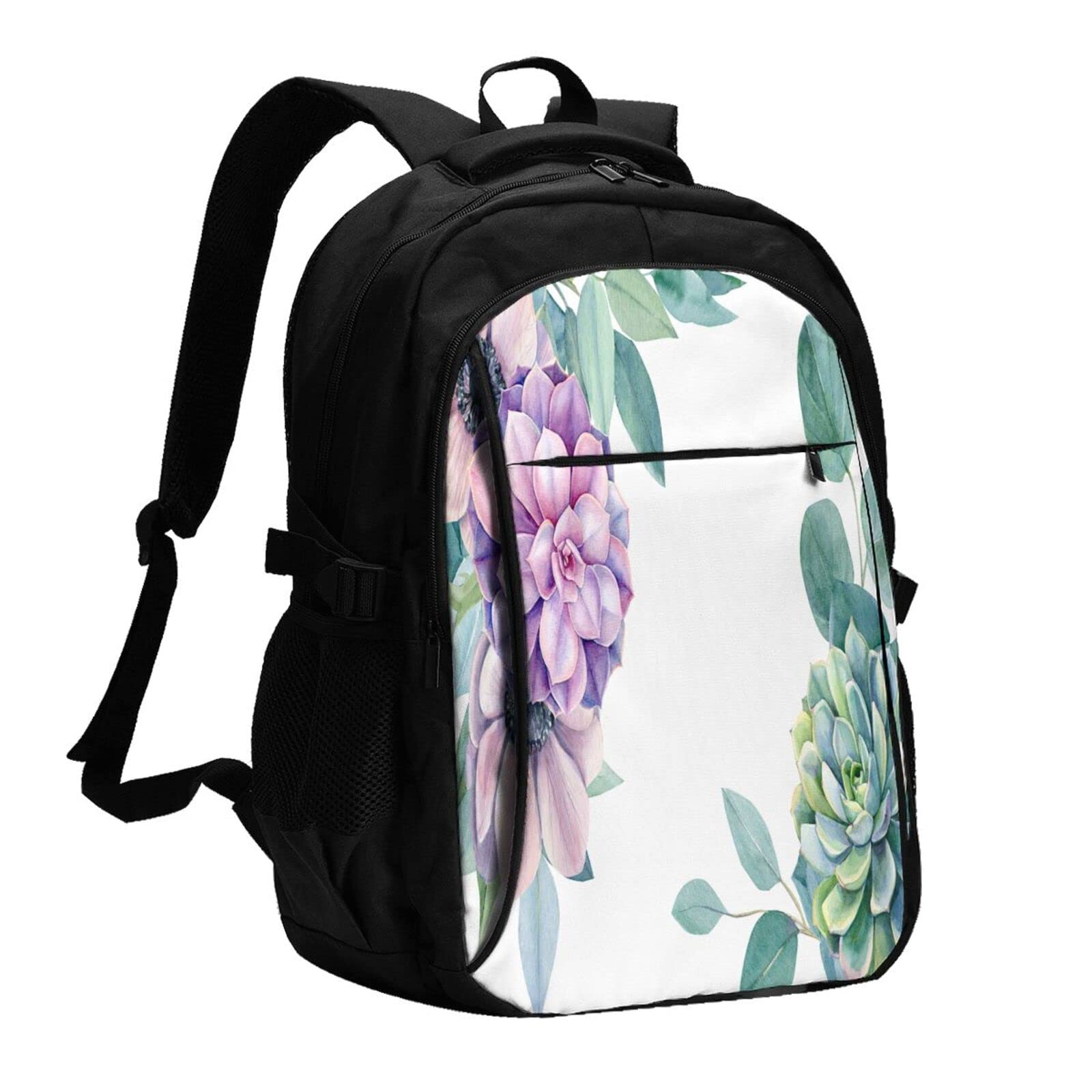 Wozukia Large Capacity Travel Backpack - Watercolor Eucalyptus Leaves & Cactus Design with USB Port, Fashion Strap & Multi-Pockets for Laptop, Work, School & Outdoor Adventures (Light Pink & Green)