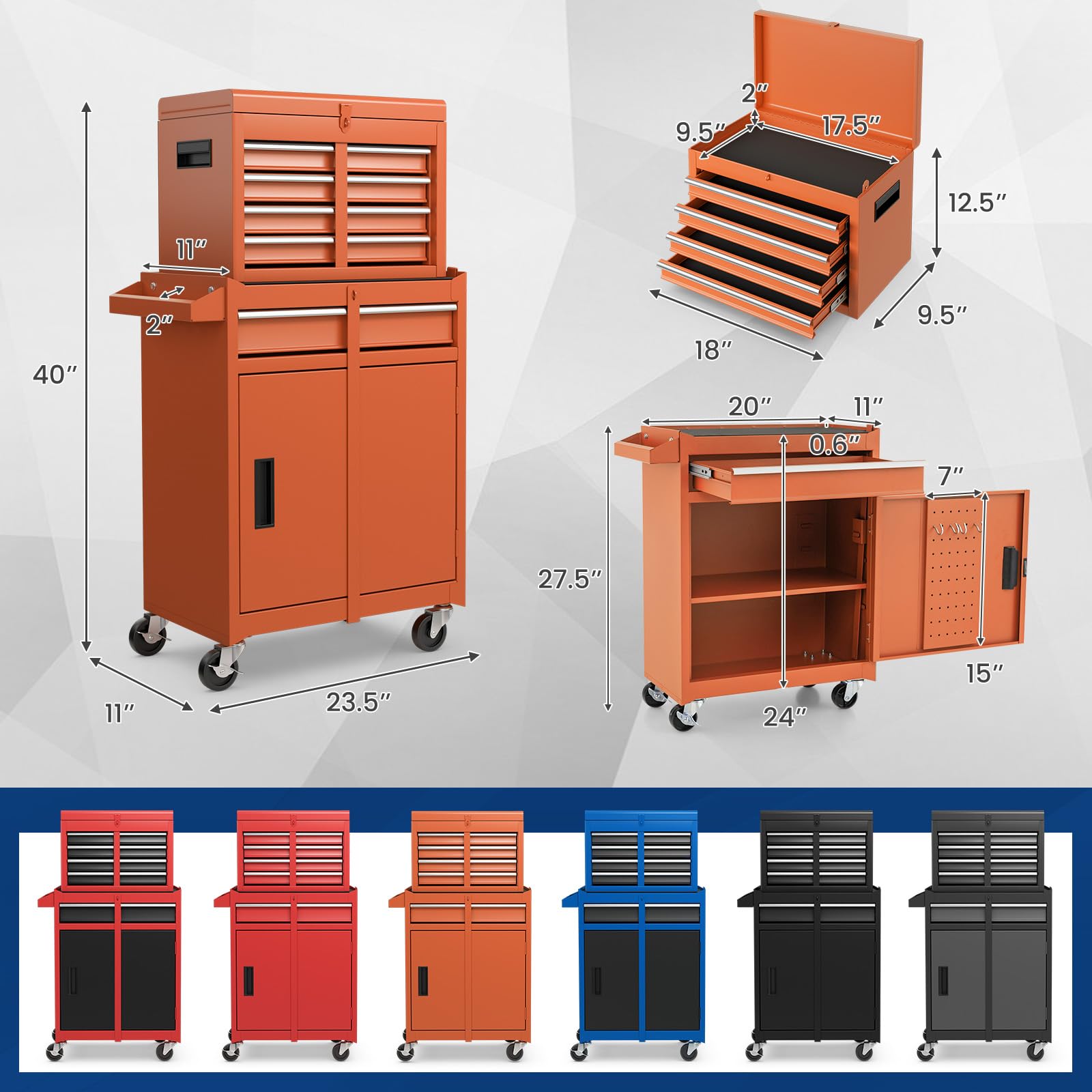 ERGOMASTER Heavy Duty 5-Drawer Rolling Tool Chest with Lockable Cabinet - Orange Tool Box for Garage, Workshop & DIY Projects | Removable Drawers for Easy Organization