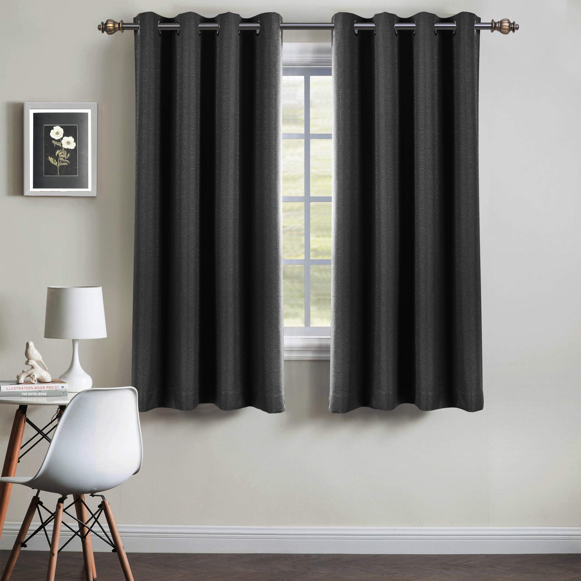 SINGINGLORY 100% Blackout Thermal Insulated Curtains - 52x63 Inch Long 2 Panel Set, Linen Textured Grommet Window Drapes with Tiebacks for Bedroom & Living Room (Black) - Perfect for Light Blocking, Privacy & Energy Efficiency