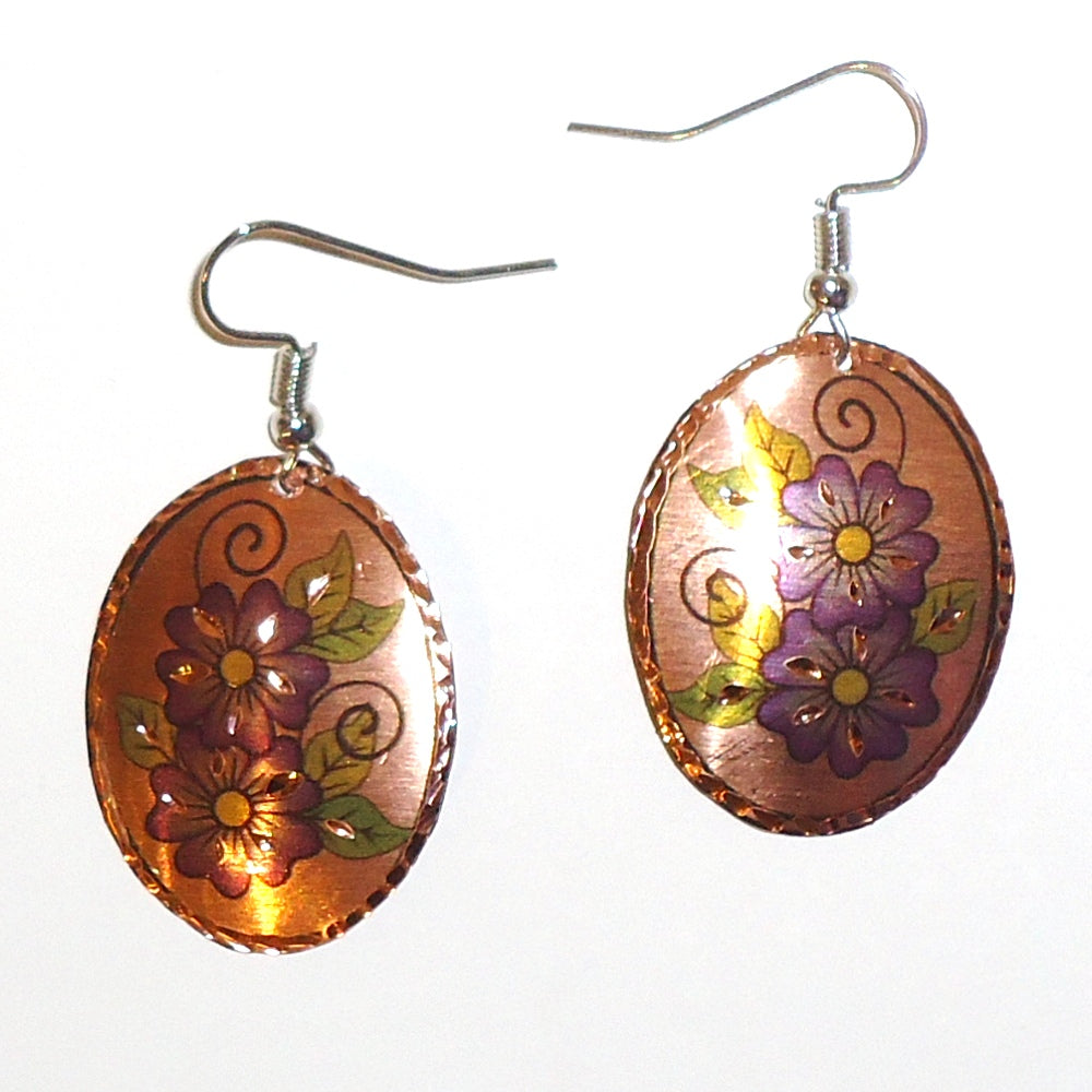 Handmade Etched Copper Floral Earrings with Purple Oval Gemstones - Elegant Boho Jewelry for Women, Perfect for Weddings & Date Nights