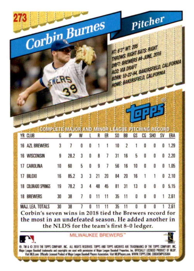 2019 Topps Archives #273 Corbin Burnes Milwaukee Brewers Rookie Baseball Card - Collectible Sports Memorabilia for Baseball Fans and Card Collectors - Perfect for Display, Trading, and Investment