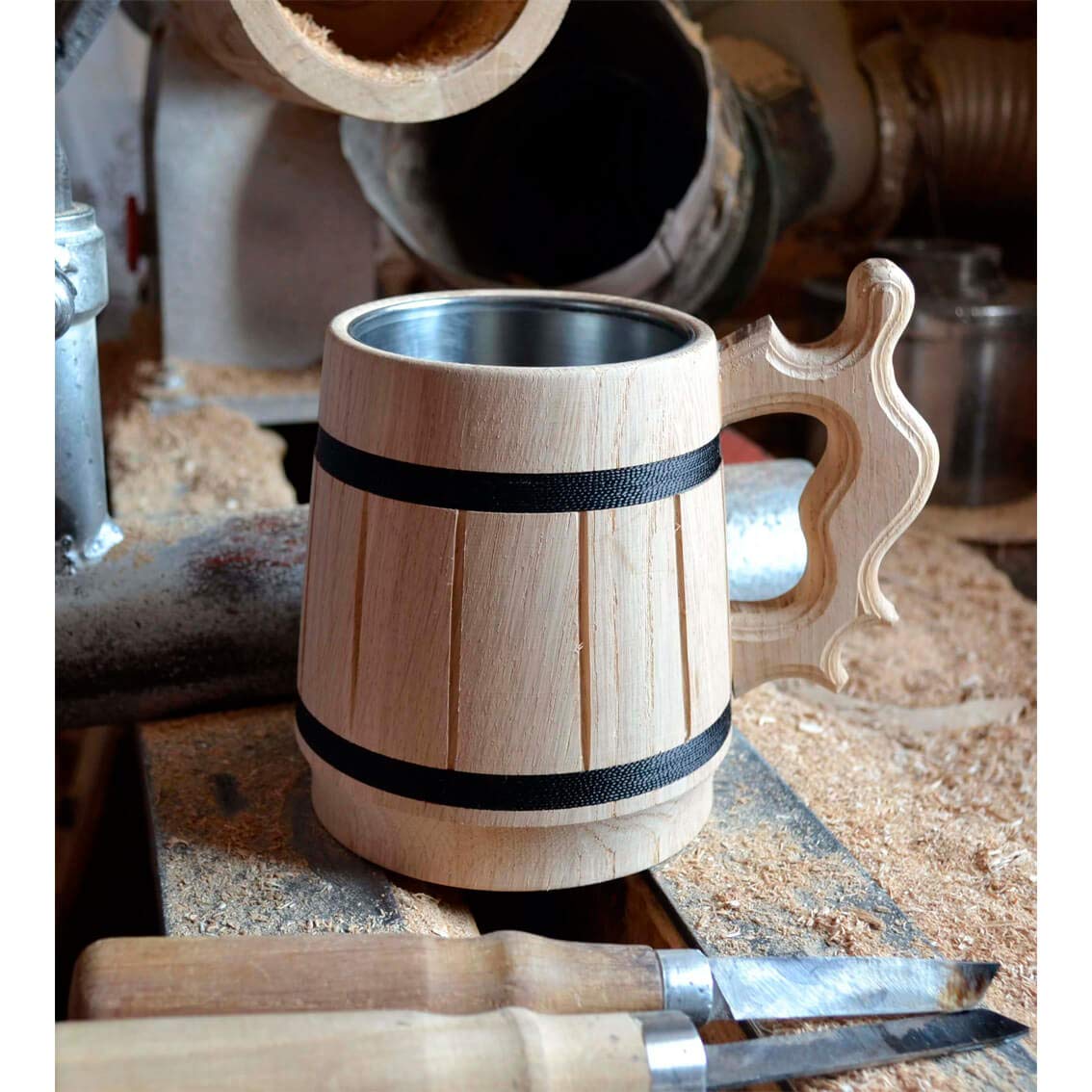 Set of 6 Handcrafted 10oz Beer Mugs - Stainless Steel & Wooden Beer Steins - Coffee Cups for Men - Unique Father's Day, Christmas & Birthday Gifts - Classic Brown - Perfect for Home Bars, BBQs & Man Cave Decor