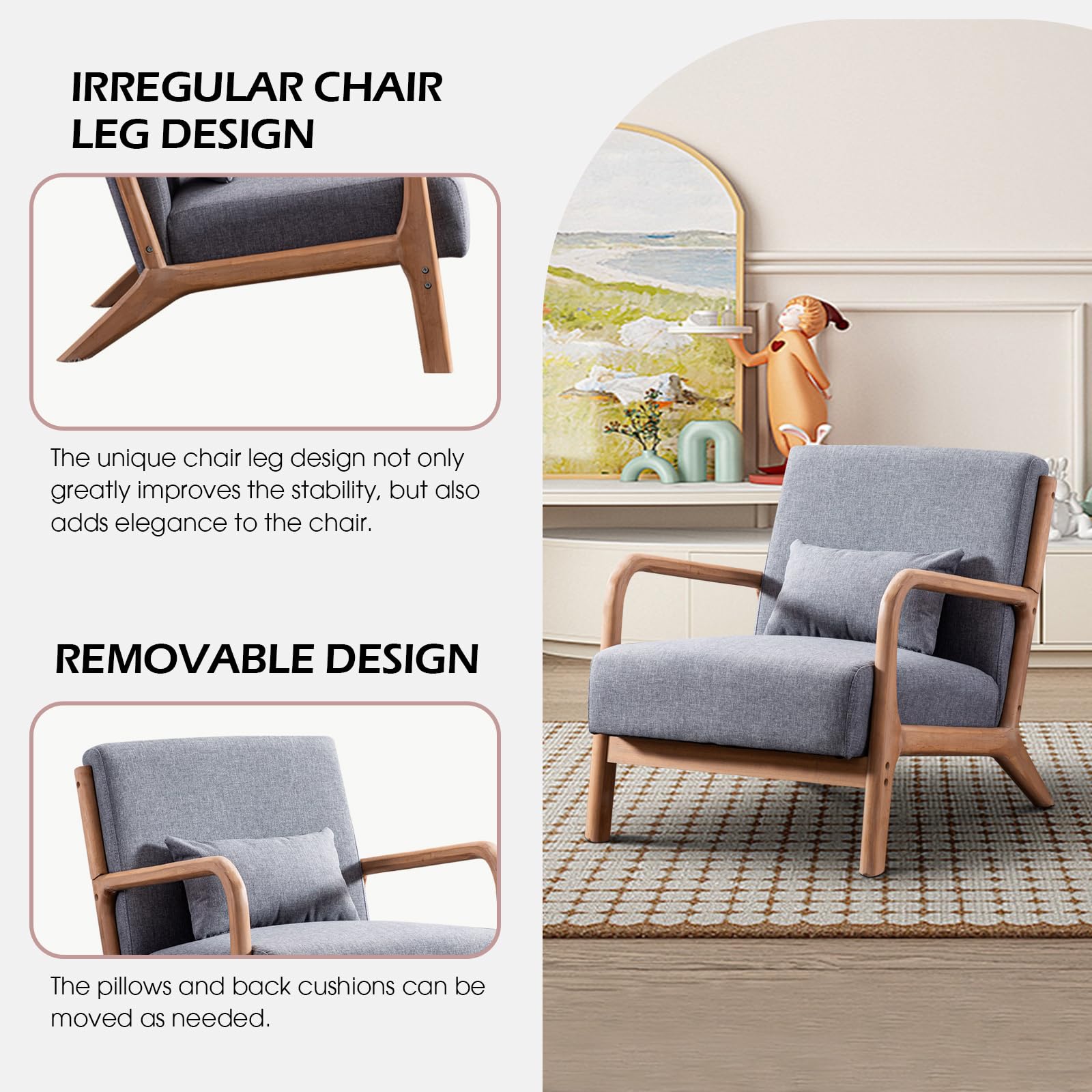 Mid Century Modern Accent Chair - Grey Linen Upholstered Living Room Chair with Solid Wood Frame & Lumbar Pillow - Comfortable Reading Side Chair for Bedroom, Office or Lounge - Easy Assembly Home Decor Furniture
