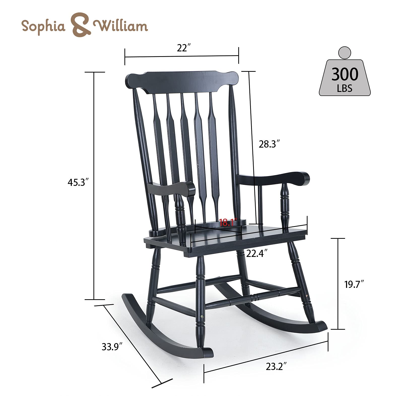 Sophia & William Modern Outdoor Wooden Rocking Chair - Poplar Wood with Fan-Shaped Back - 300 lbs Weight Capacity - Perfect for Porch, Patio, Garden, Lawn, Balcony, Backyard & Indoor Use - Black (1 Pack)