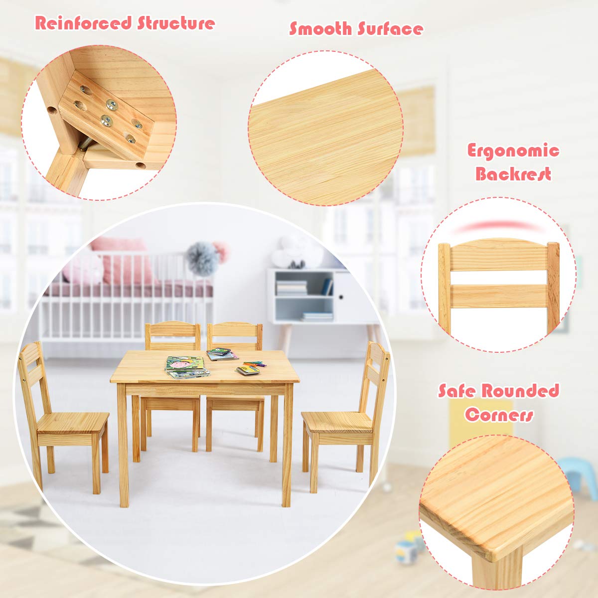 Costzon 5-Piece Kids Wooden Table and Chair Set - Natural Wood Activity Table & Chairs for Toddlers, Preschoolers | Perfect for Arts & Crafts, Homework, Snack Time | Durable Children's Furniture Set for Home, Classroom, Daycare - Ideal Gift for Boys & Girls