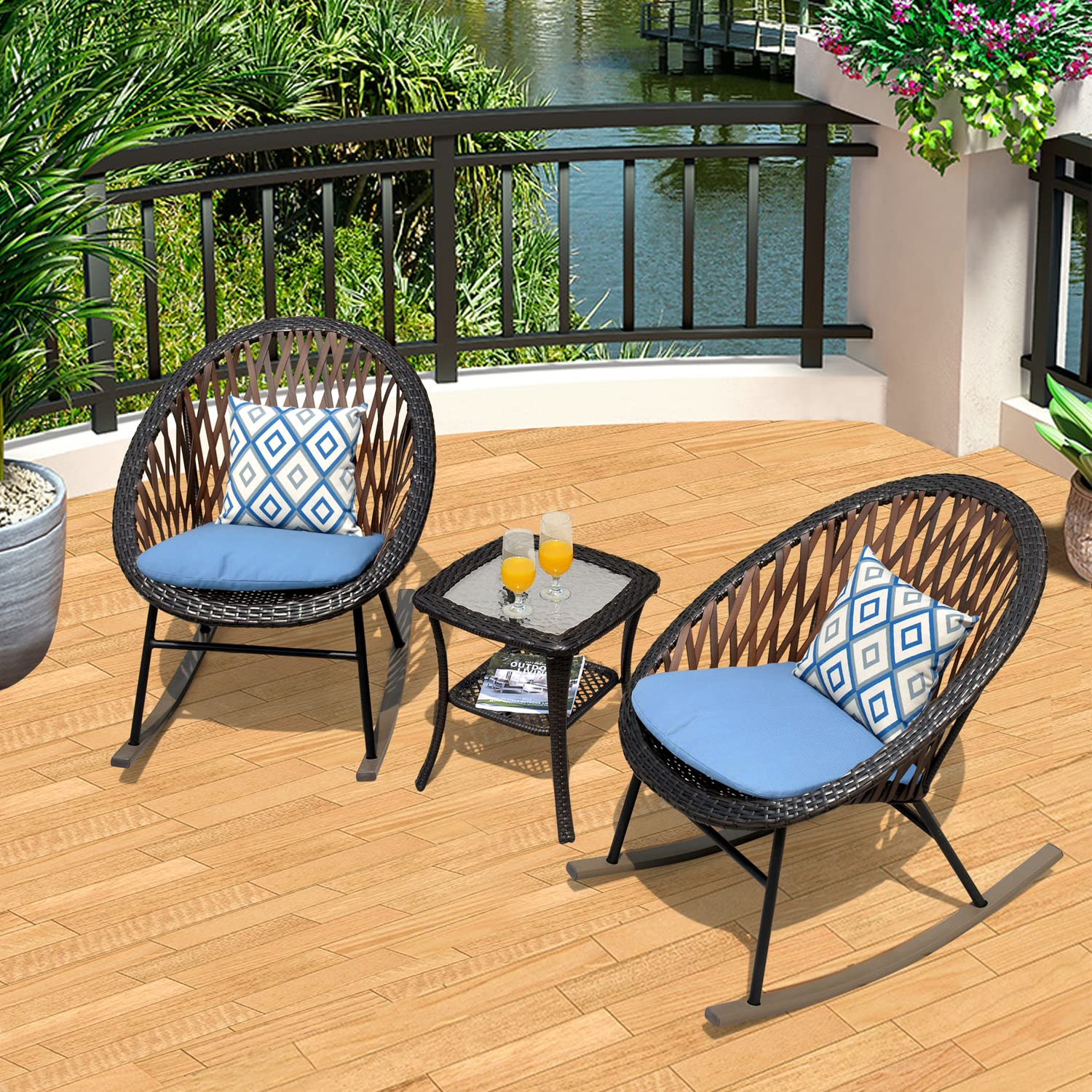 Ovios 3-Piece Patio Rocking Bistro Set - Outdoor Wicker Furniture with Glass Coffee Table, Porch Rocking Chairs Conversation Set for Small Spaces, Deck, Terrace, Garden (Blue) - Perfect for Relaxing, Entertaining & Enjoying Morning Coffee Outdoors