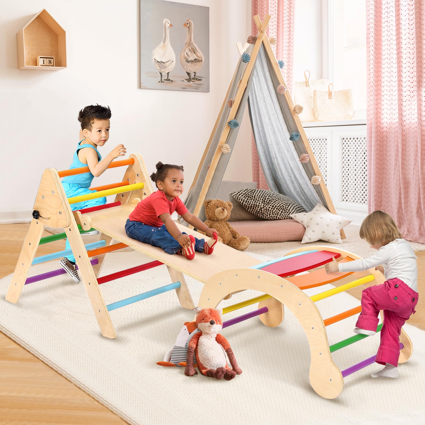 YOLEO 7-in-1 Foldable Pikler Triangle Set - Large Montessori Wooden Climbing Toys for Toddlers Ages 1-3 | Indoor Playground & Jungle Gym Playset with Rainbow Arch | Perfect for Home Playrooms, Daycares & Montessori Classrooms