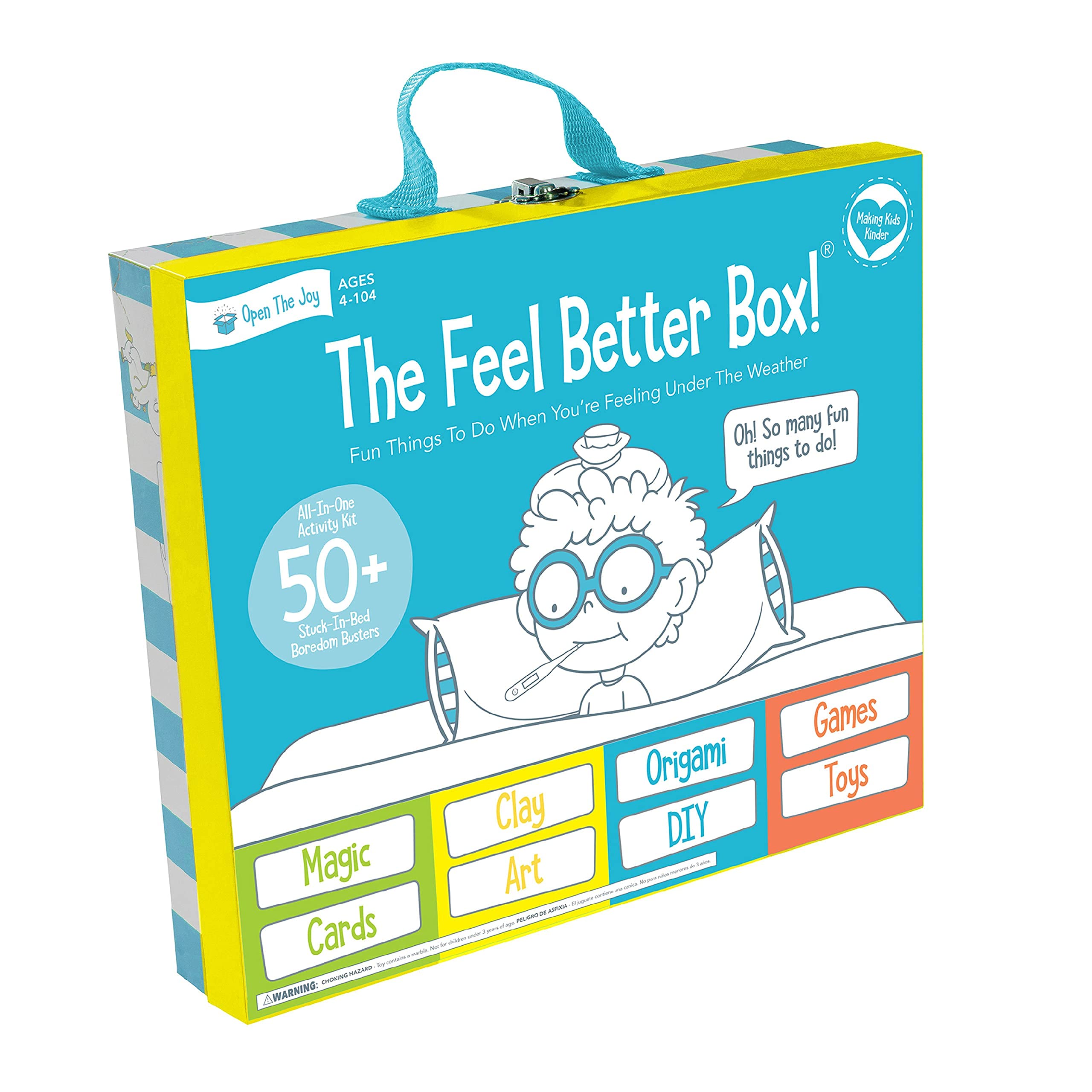 Open The Joy Feel Better Box - Get Well Soon Gift Basket for Kids Ages 4+ | 50+ Fun Activities, Games, Toys, Conversation Cards, Origami, Clay Art & Magic Tricks | Perfect Recovery Gift After Surgery or Hospital Stay | Great for Bedridden Children & Cheering Up Sick Kids