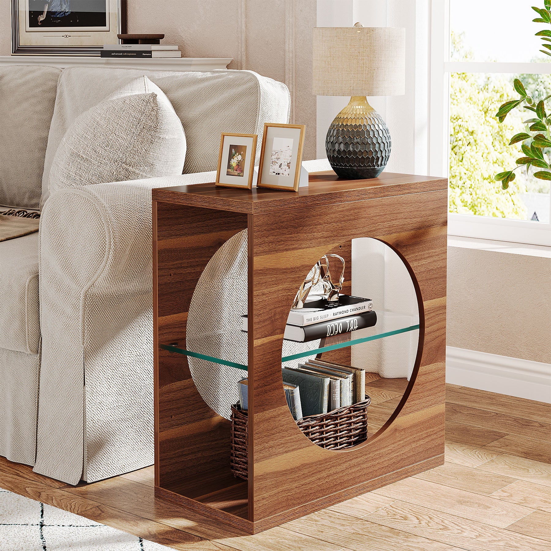 Modern 3-Tier End Table with Adjustable Glass Storage Shelf - Stylish Side Table for Living Room, Bedroom & Office Organization