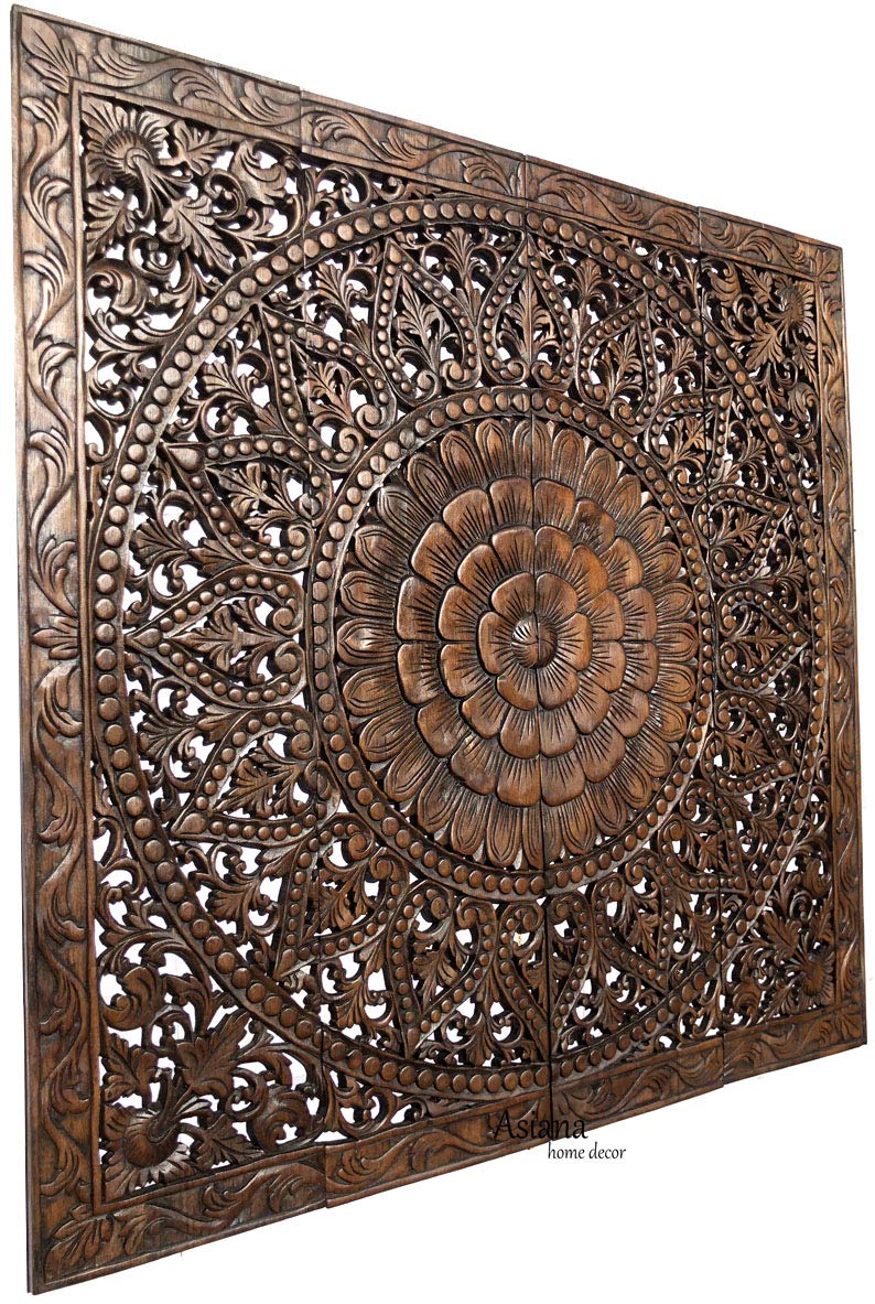 Large Bali Tropical Wood Carved Wall Headboard Panel - Floral Wood Wall Hanging Decor 48
