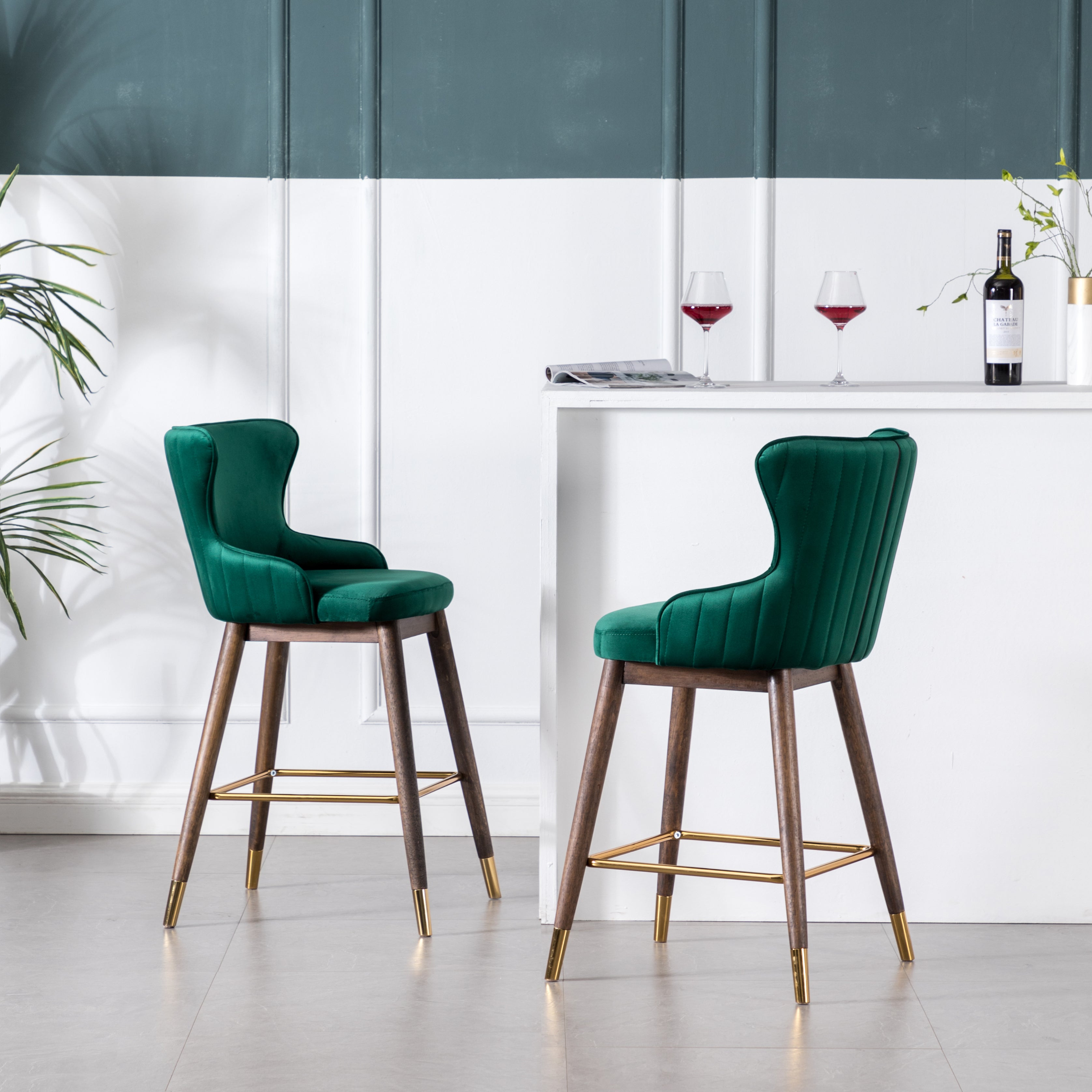 Roundhill Furniture Leland Fabric Upholstered Counter Height Wingback Bar Stools, Green, Set of 2 - Perfect for Kitchen Islands, Breakfast Nooks & Home Bars