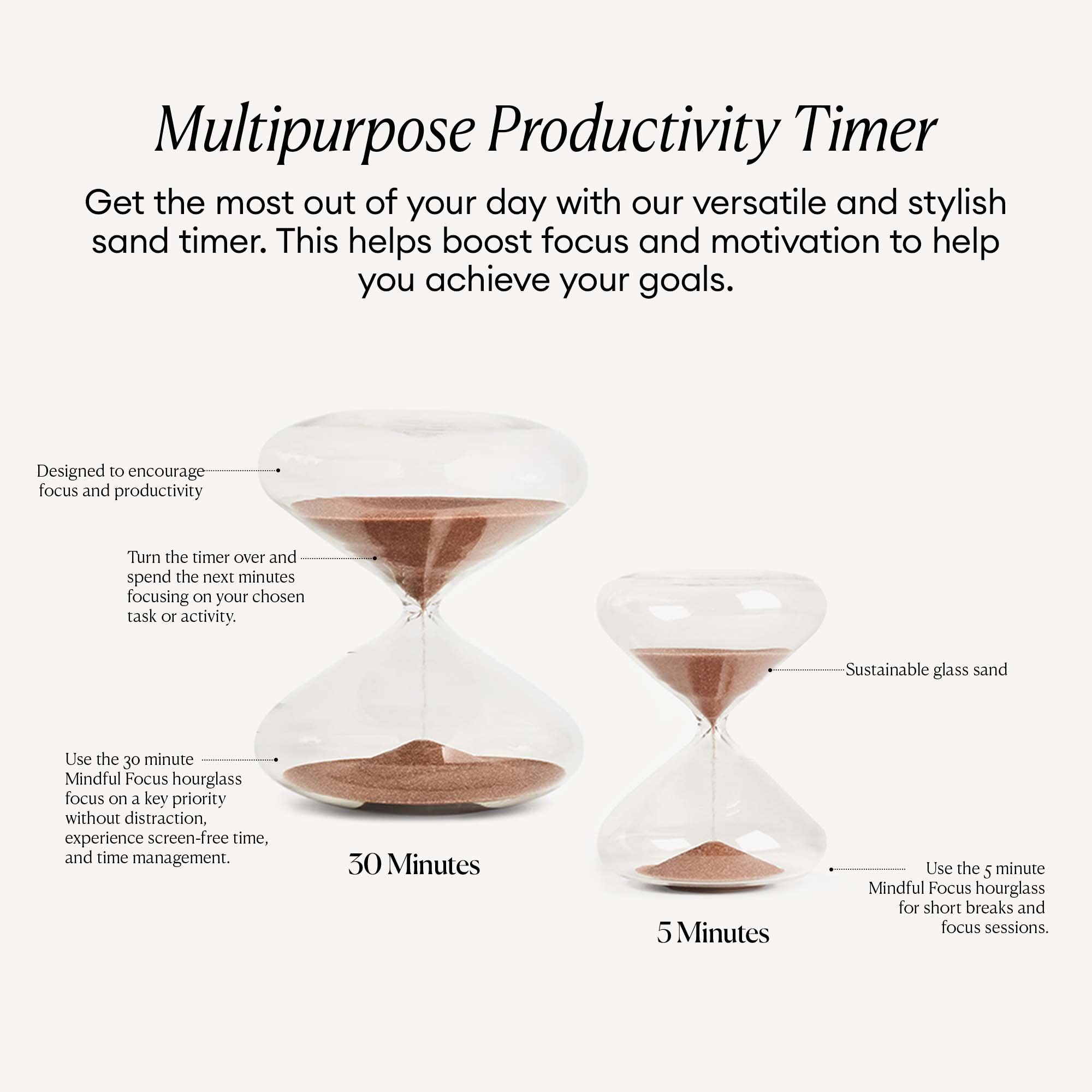 Mindful Focus 5-Minute Hourglass Sand Timer for Productivity & Time Management | Minimalist Desk Timer | Decorative Gift (3.3