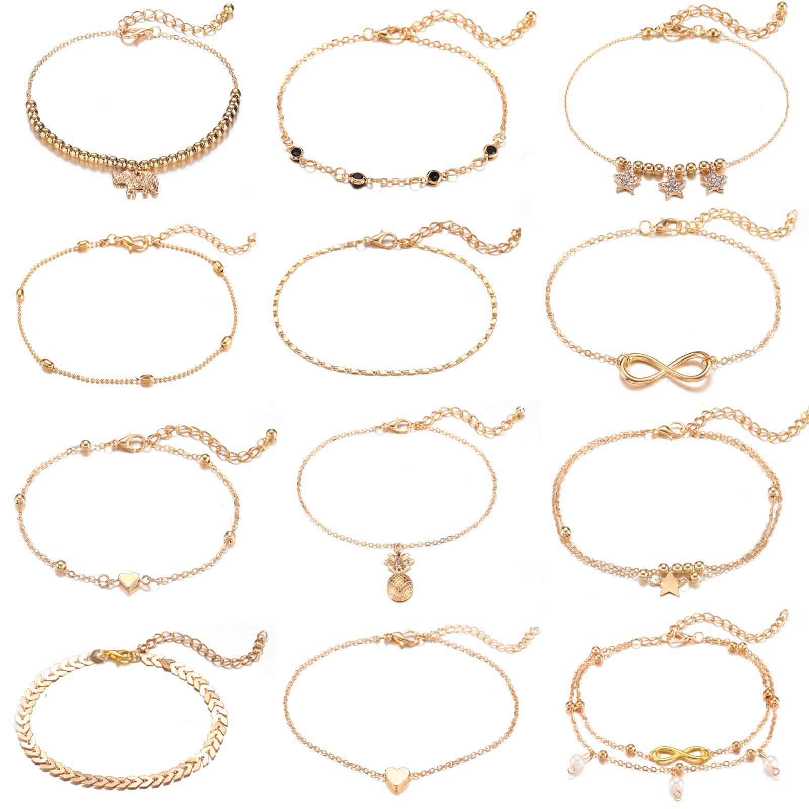 12pcs Women's Gold Charm Anklet Set - Adjustable Multilayer Boho Ankle Bracelets for Women & Girls | Perfect for Beach, Summer, Festival & Casual Wear
