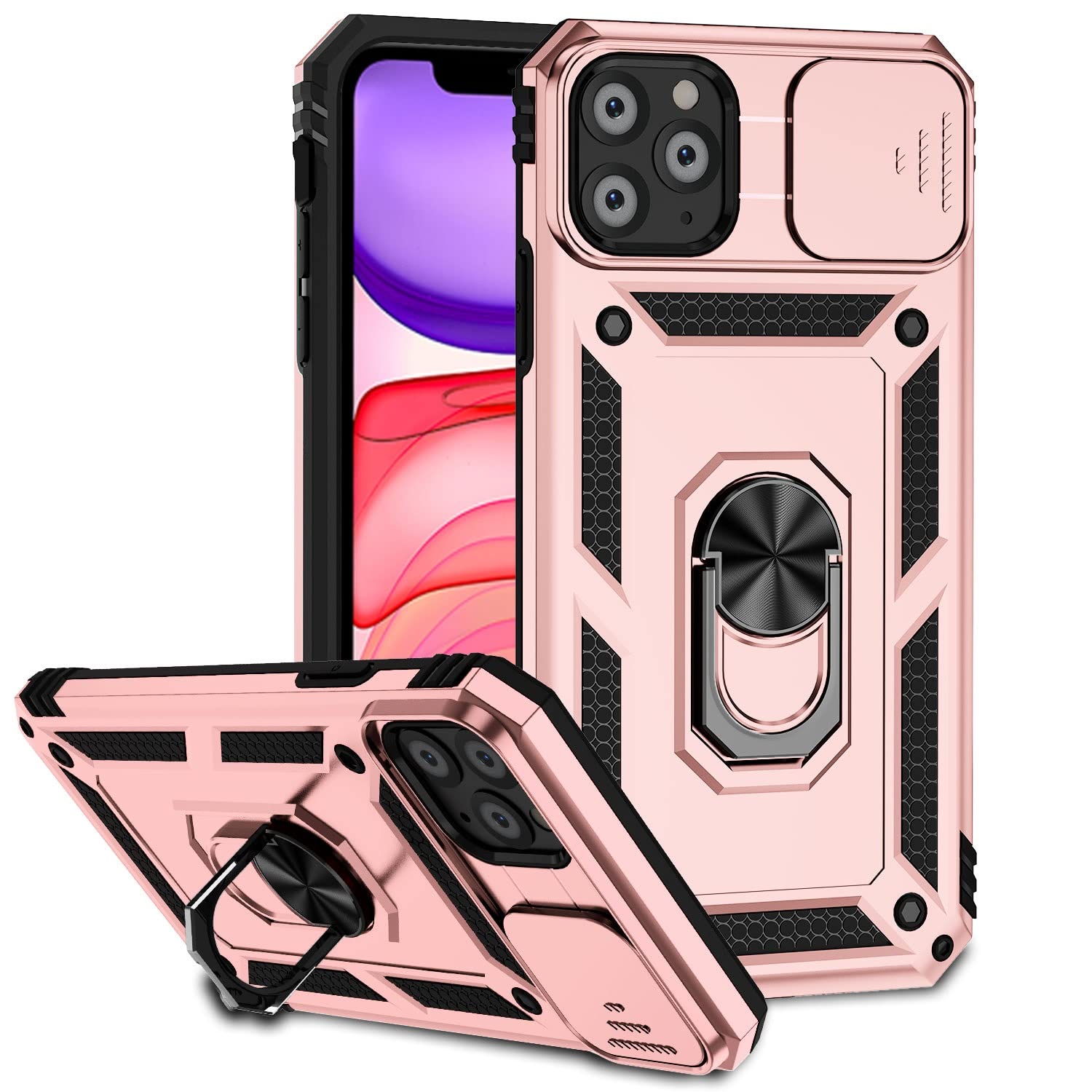 iPhone 11 Pro Case with Magnetic Rotating Holder | Slim Full Body Protective Cover with Lens Protection | Rose Gold | Perfect for Everyday Use, Travel & Outdoor Activities
