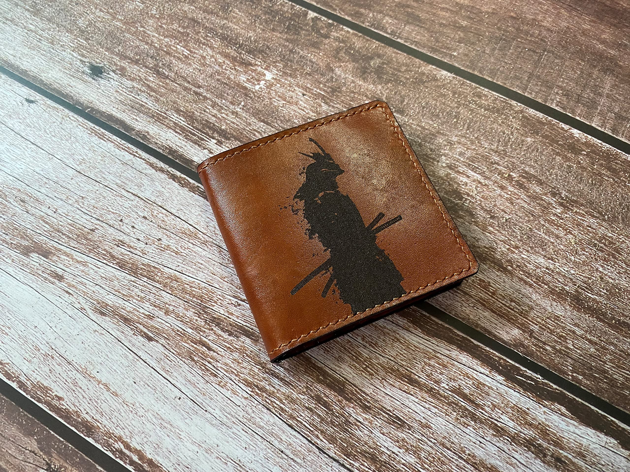 Samurai Shadow Warrior Minimalist Genuine Leather Wallet for Men - Engraved Card Holder & ID Wallet - Perfect for Everyday Carry, Travel, and Gifts