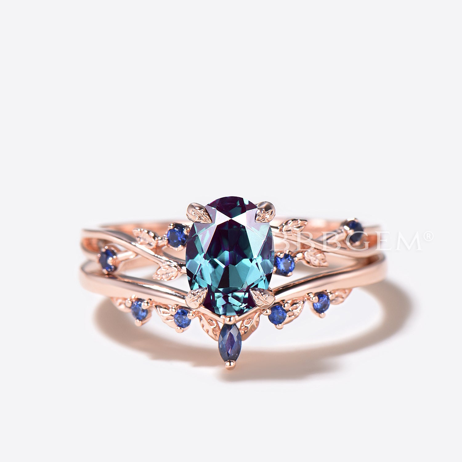 Twisted Vine Oval Color Changing Alexandrite Ring with Leaf Design & Blue Sapphire Accents – Perfect for Weddings, Anniversaries, and Special Occasions