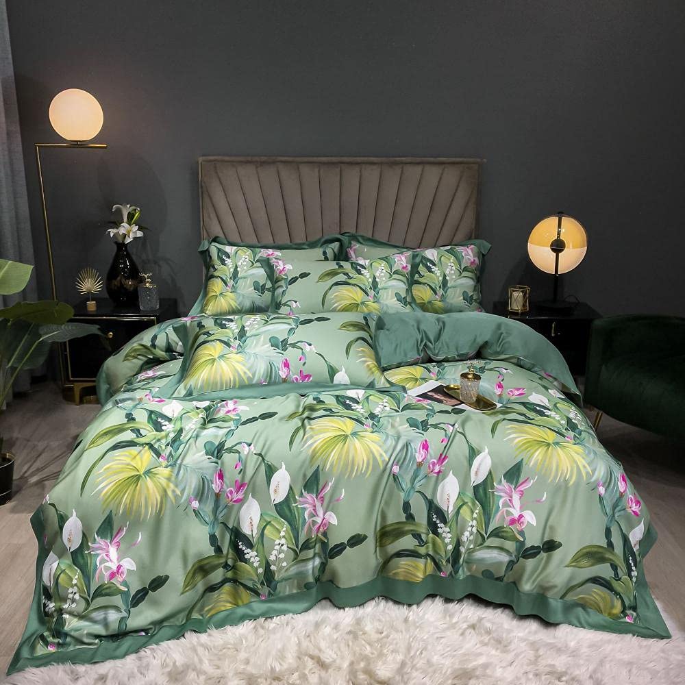 Premium 4-Piece King Size Bed Sheet Set - Soft Microfiber, Breathable & Wrinkle-Resistant - Green Digital Print - Perfect for Master Bedroom, Guest Room & Dorm
