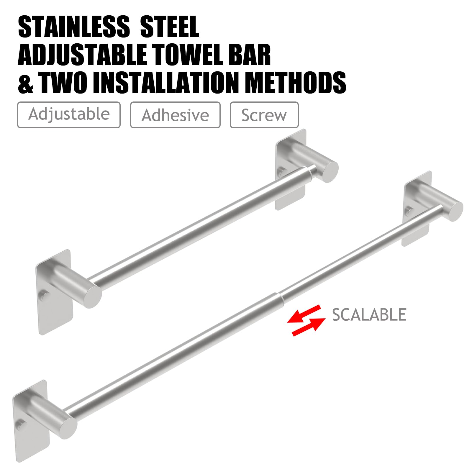 Adjustable Towel Bar 14.4-25.2 Inch, Self Adhesive & Wall Mounted Stainless Steel Hand Towel Rack for Bathroom & Kitchen - SUS 304 Brushed Nickel Finish, Perfect for Organizing Towels, Cloths and Robes in Home or Hotel Spaces