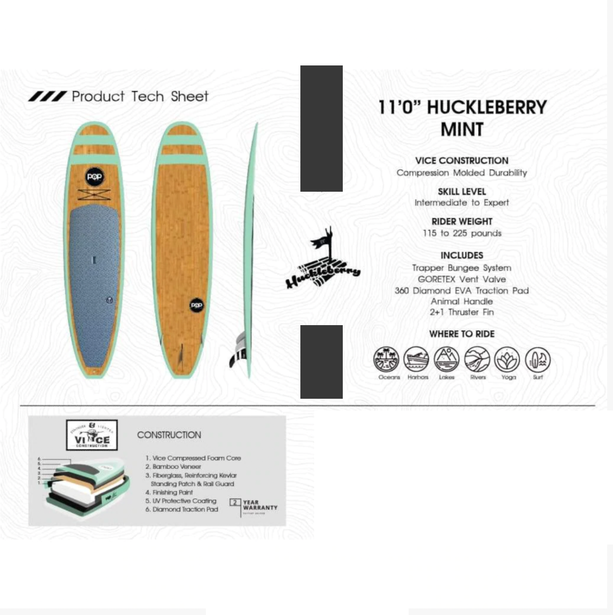 Premium POP Rigid 11' Huckleberry Allround Mint Bamboo Skateboard Deck - Perfect for Street Skating, Tricks & Commuting
