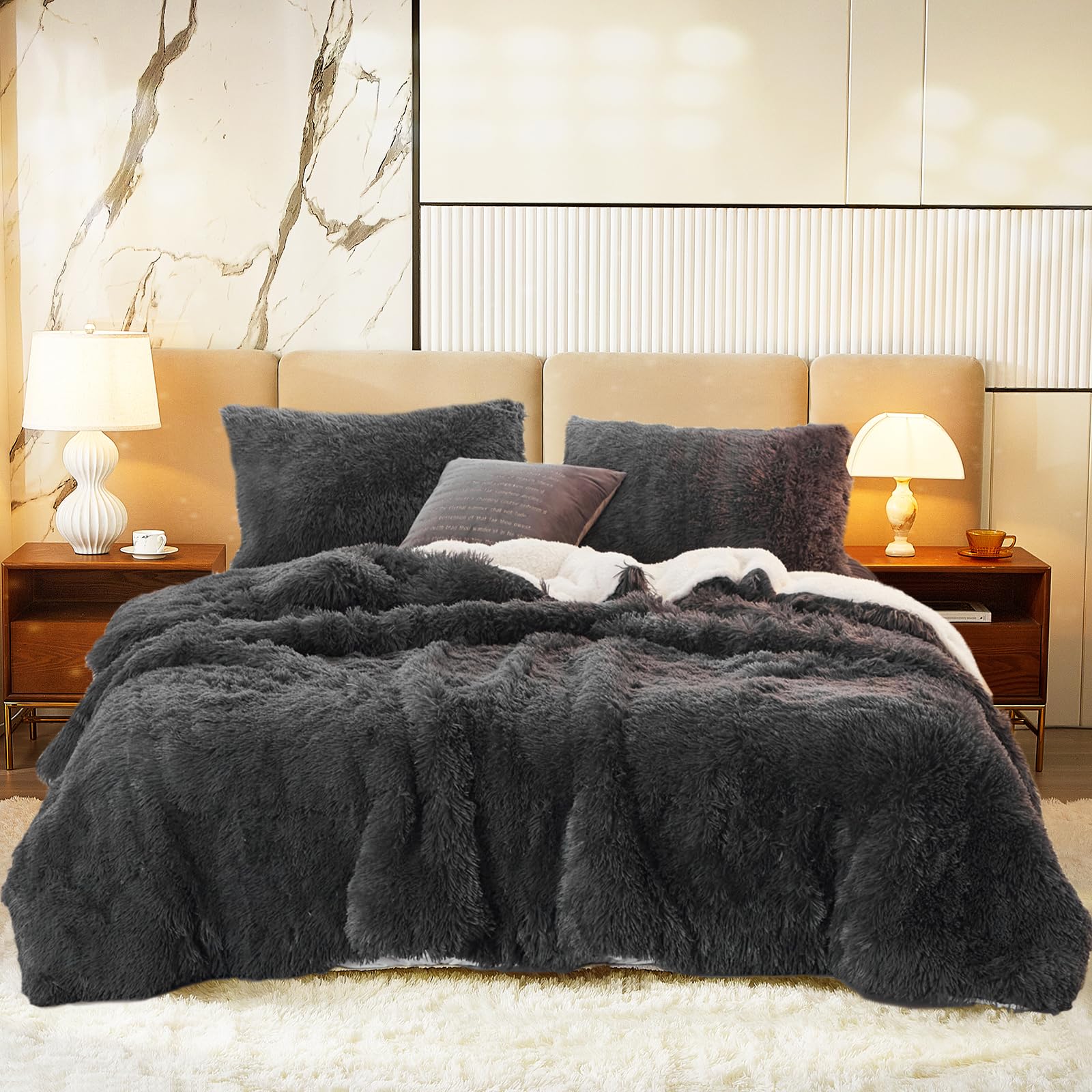 Luxury Faux Fur Shaggy Comforter Set Full/Queen Size - Ultra Soft & Warm Reversible Plush Sherpa Bedding (Black) | 3-Piece Fluffy Fuzzy Comforter with Pillowcases for Winter Bedroom Decor & Cozy Home Comfort
