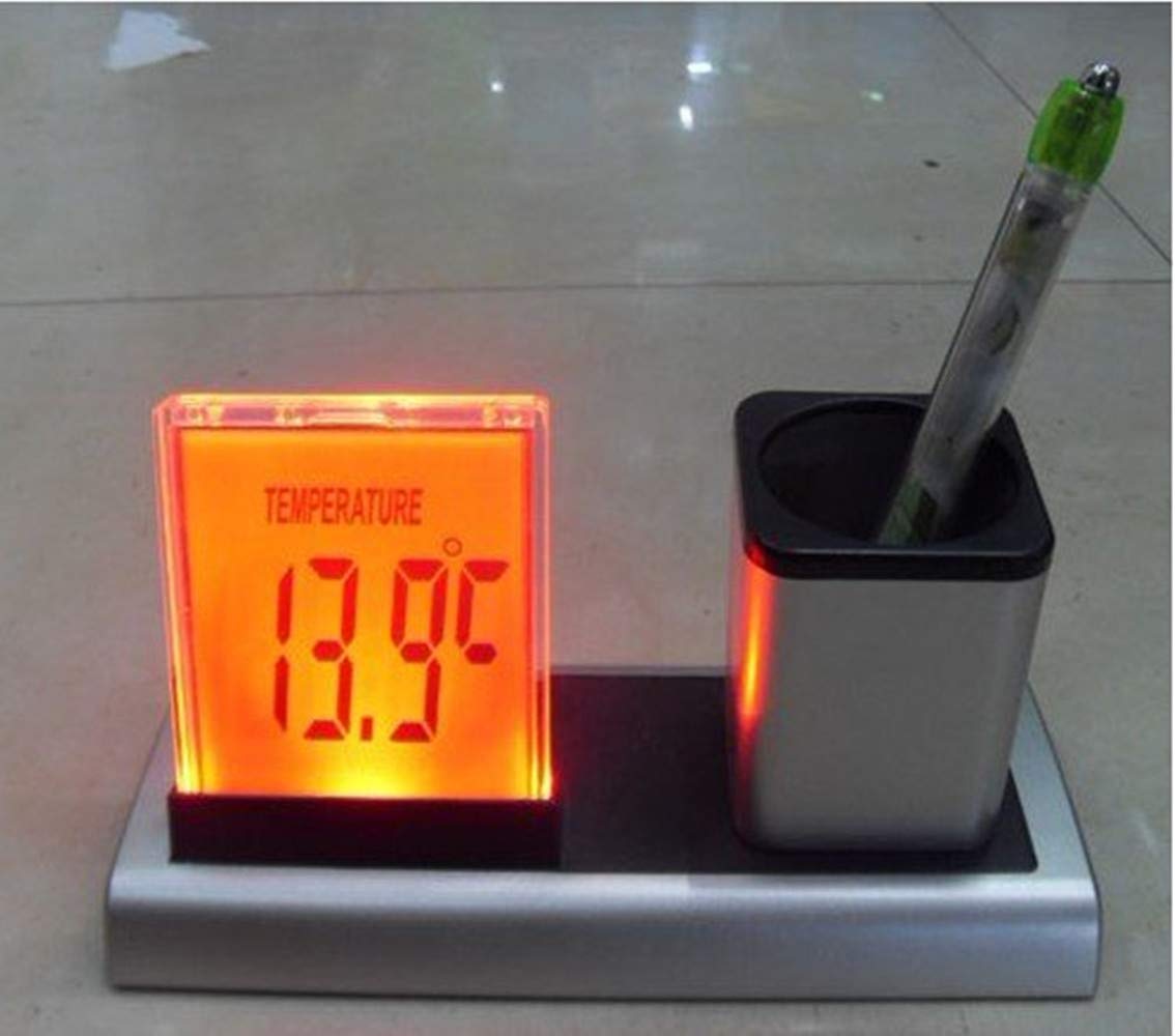 Digital Pen Holder Alarm Clock with Calendar, Timer & Thermometer - LED LCD Display for Home, Office, Bedroom - Perfect Desk Organizer for Students & Professionals