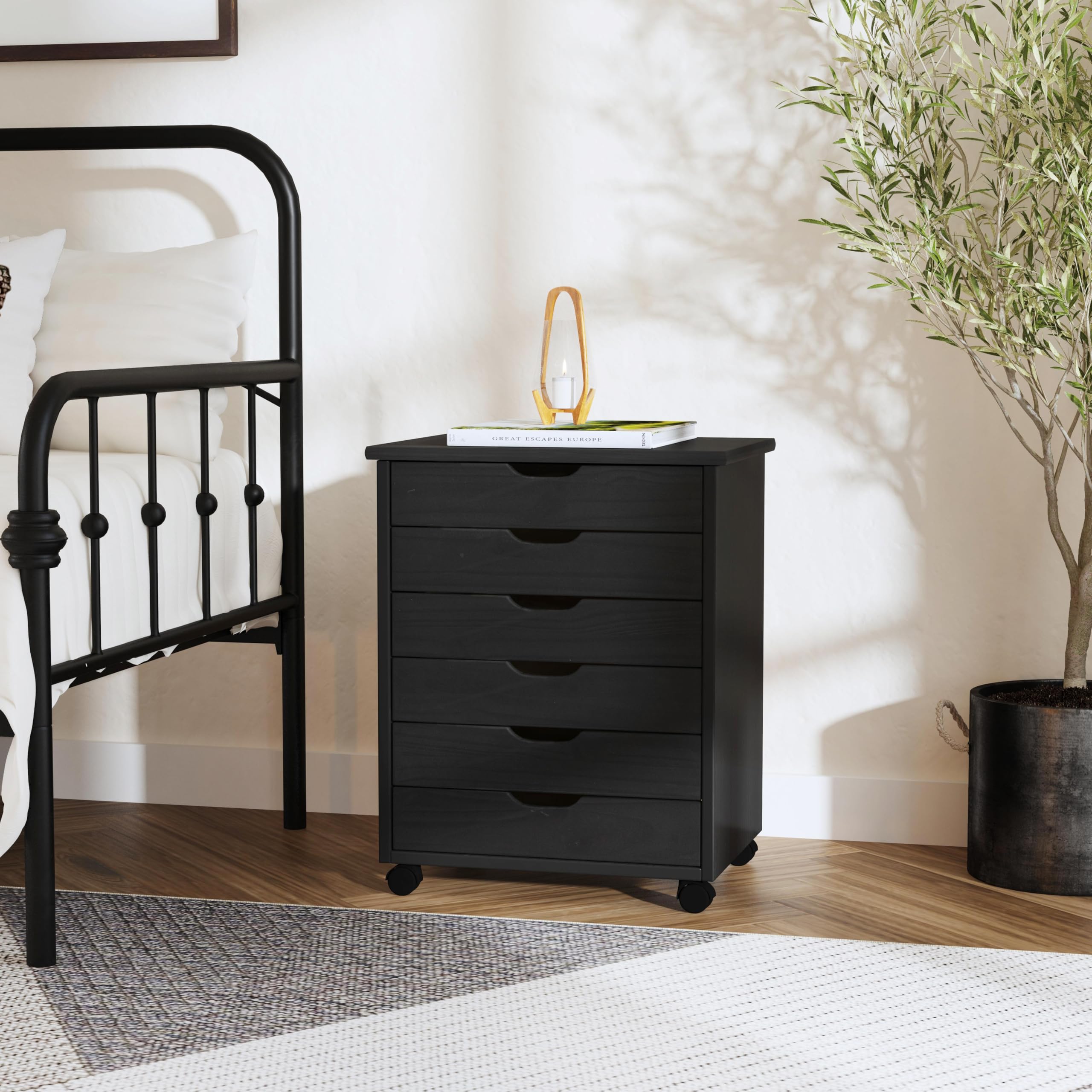 Linon Corinne Black 6-Drawer Wide Rolling Storage Cart - Perfect for Home, Office, and Craft Room Organization