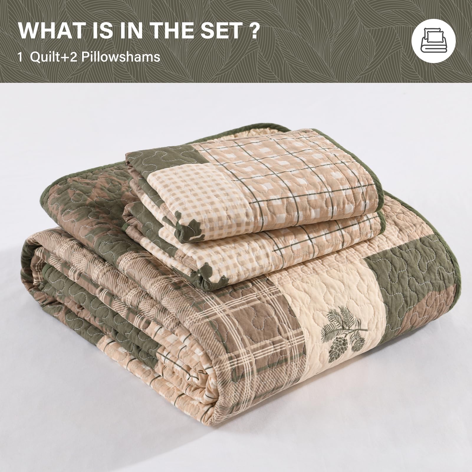 SahSahCasa 100% Cotton Queen Size Quilt Set - Reversible Farmhouse Rustic Lodge Bedspread, Lightweight Comforter for Queen Bed (3-Piece, Beige/Grayish Green/Brown) - Perfect for Cabin, Bedroom & Cozy Farmhouse Decor