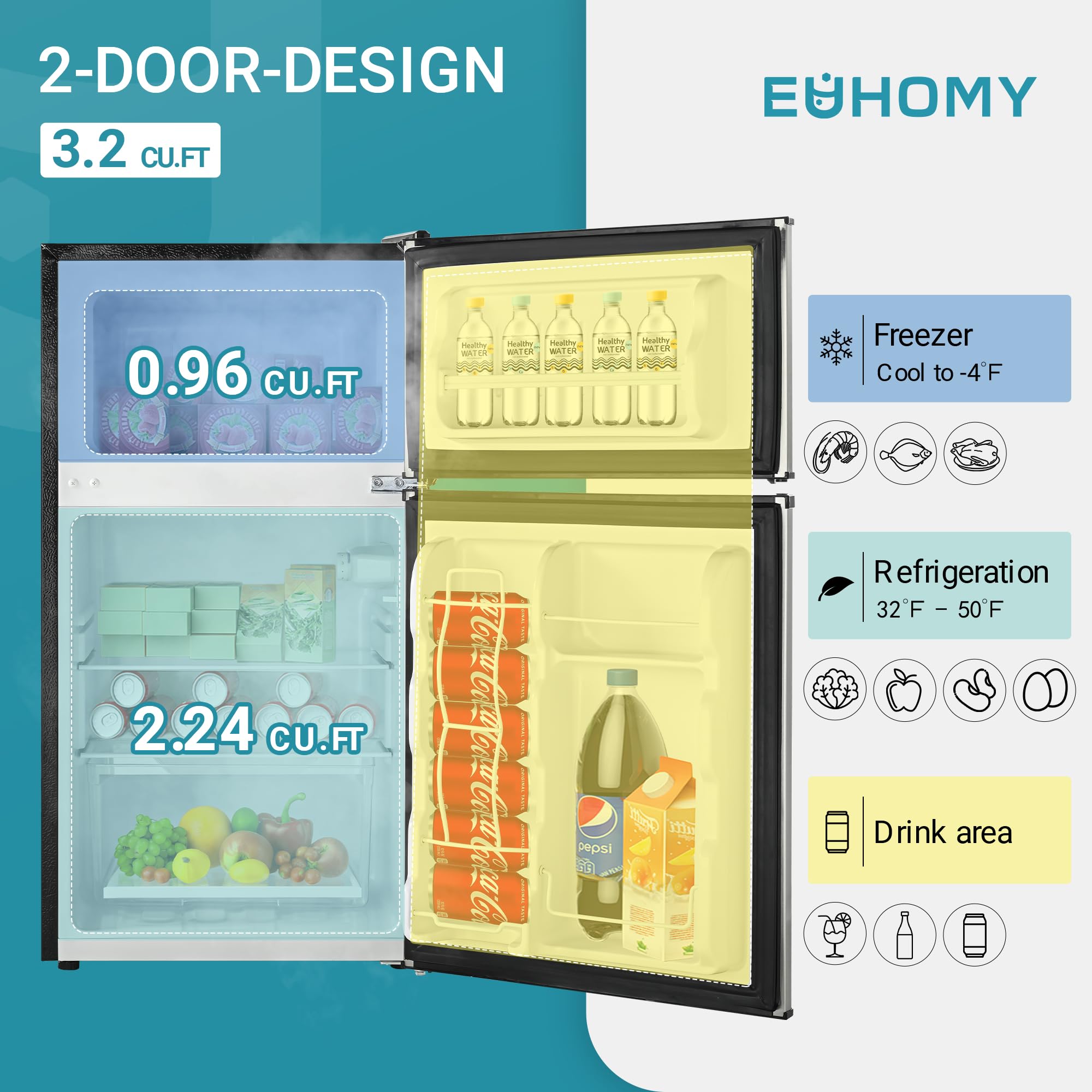 EUHOMY 3.1 Cu.Ft Mini Fridge with Freezer - Compact 2 Door Refrigerator for Dorm, Bedroom, Office & Apartment - Perfect for Food Storage, Beverages, Beer & Wine Cooling - Energy Efficient Small Fridge (Silver)