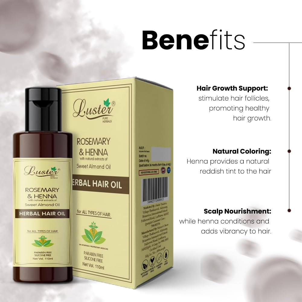 Luster Rosemary & Henna Herbal Hair Oil for Hair Growth - Stimulates Scalp & Reduces Hair Fall - Natural Hair Care for Women & Men (Paraben-Free, Mineral Oil-Free, 110ml) - Perfect for Daily Nourishment & Thicker Hair