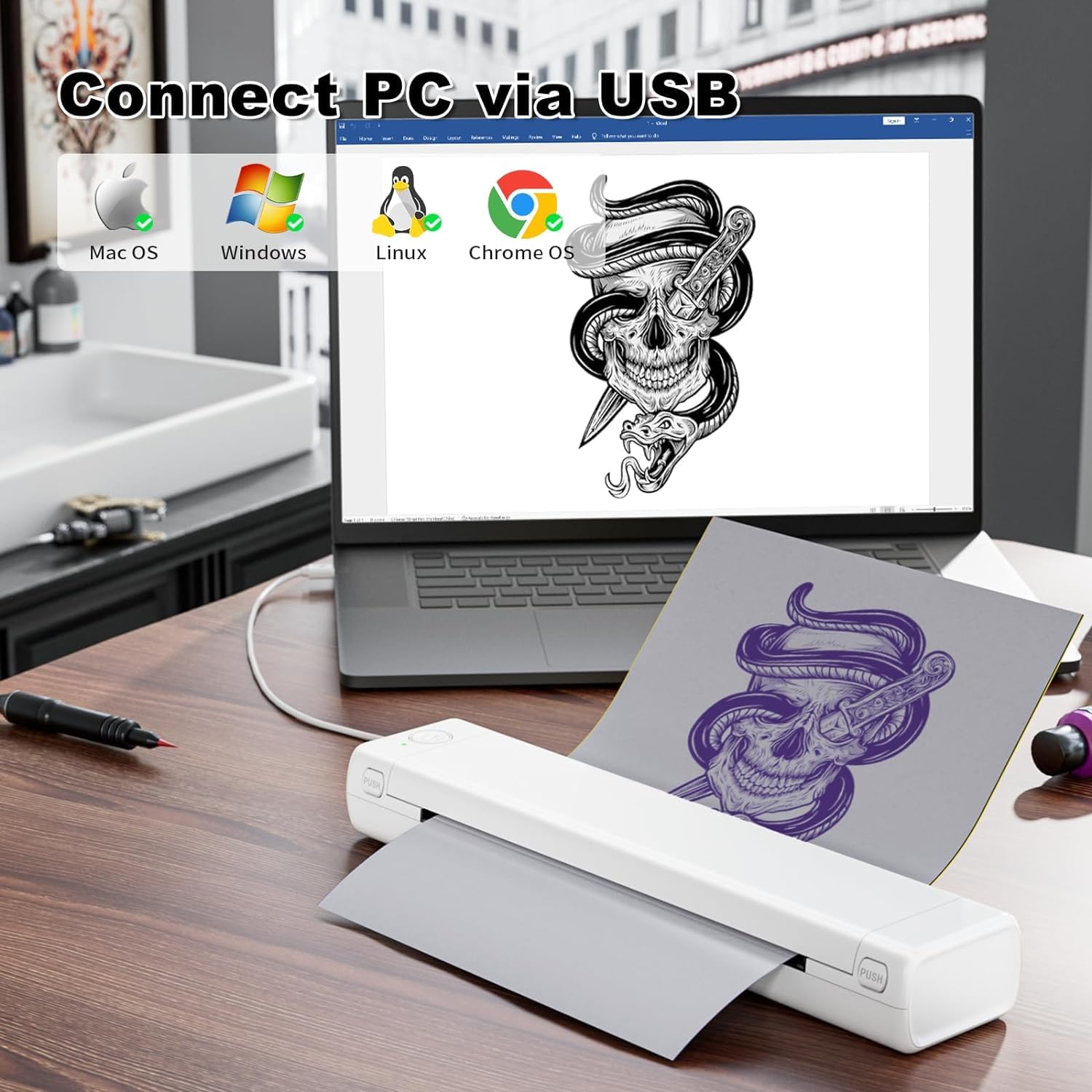 Professional M08F Tattoo Stencil Printer for Artists - Wireless Thermal Transfer Machine Compatible with Phone & PC - Includes 10 Sheets Transfer Paper - Portable Tattoo Design Copier for Studio & Travel Use