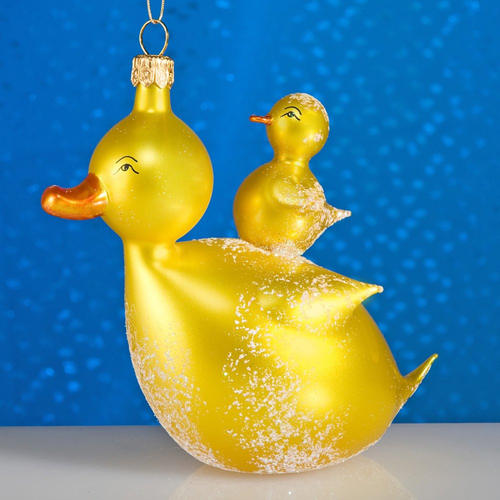 De Carlini Handmade Italian Mouthblown Glass Duck with Baby Christmas Ornament - Perfect for Holiday Tree Decorations & Festive Home Décor