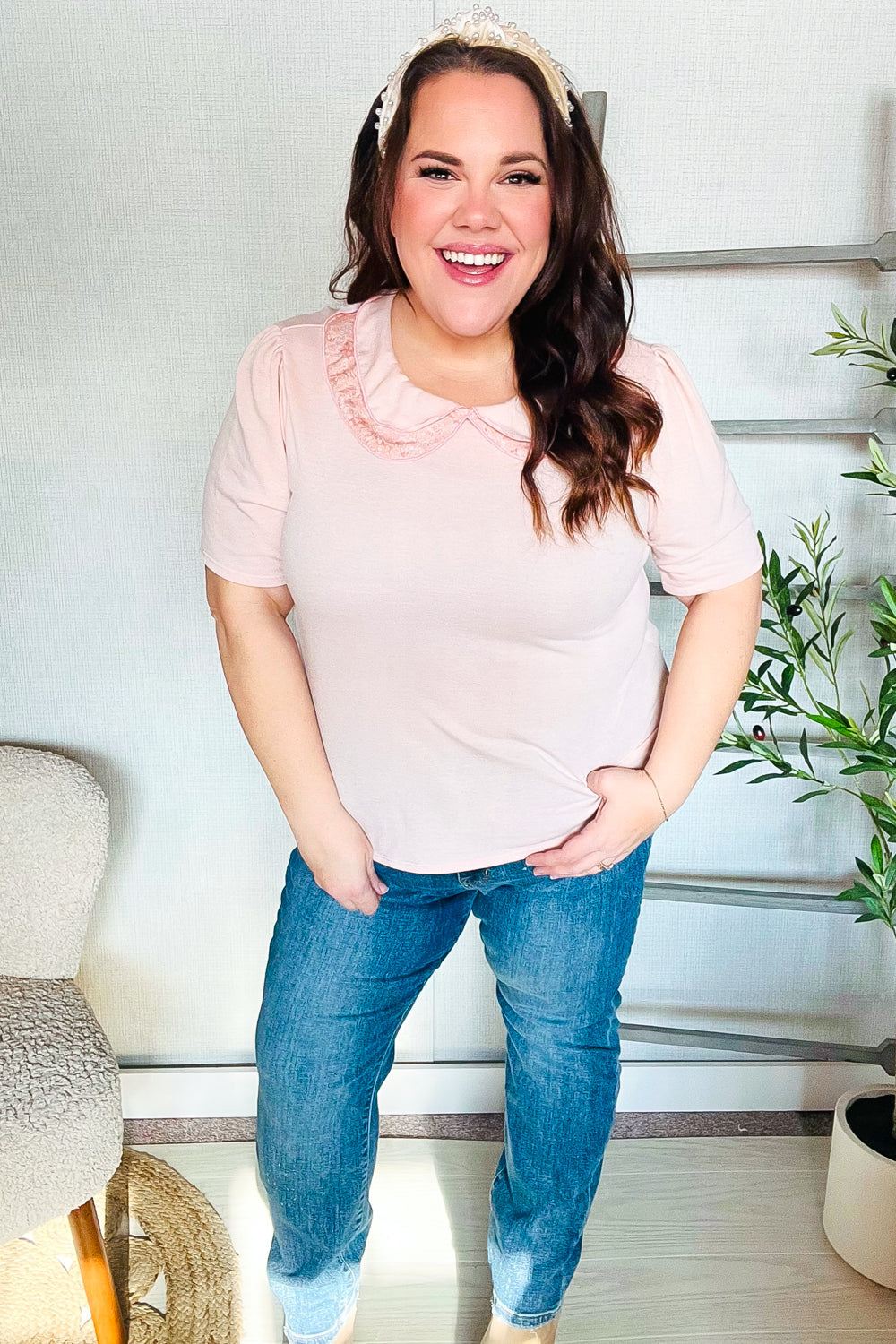 New Day Blush Flat Collar Floral French Terry Blouse - Women's Elegant Casual Top for Work & Weekend Outings