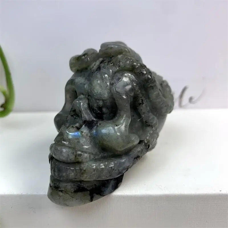 6cm Natural Labradorite Crystal Snake Skull Carving - Healing Energy Stone for Meditation & Home Decor | Unique Halloween Gift & Spiritual Decor (1 Piece) | Perfect for Altars, Crystal Collections & Gothic Decorations