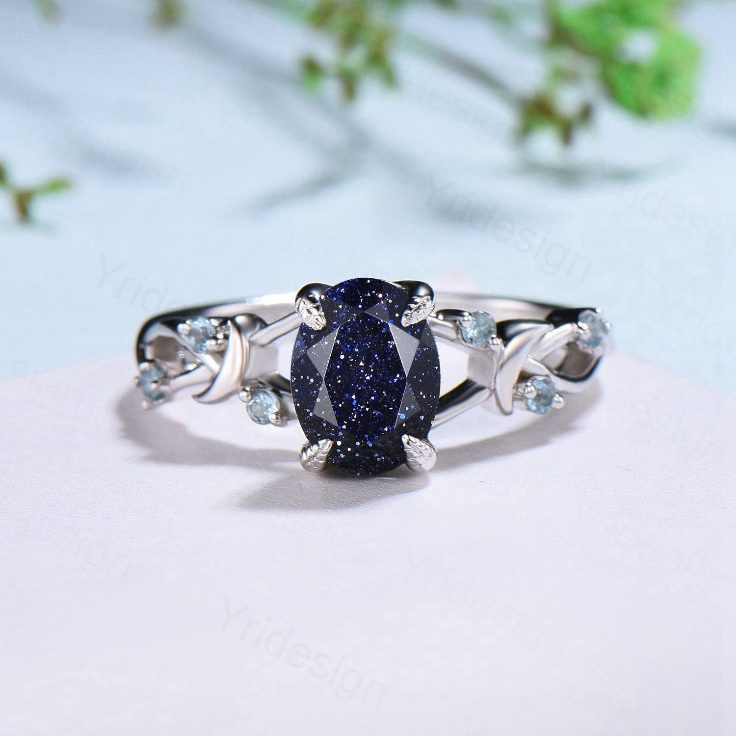 1.5CT Oval Galaxy Blue Sandstone Engagement Ring Set with Twig Swiss Topaz Wedding Band for Women - Unique Branch Bridal Jewelry Set, Personalized Gift for Proposal, Anniversary & Special Occasions