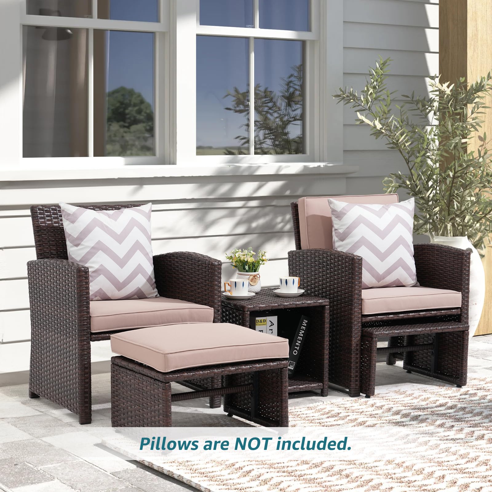 OC Orange-Casual 5-Piece Patio Conversation Set with Cushions - Brown Wicker Chairs, Ottoman & Storage Table - Outdoor Furniture for Backyard, Garden, Porch, Balcony - Perfect for Relaxing, Entertaining & Lounging in Your Outdoor Space
